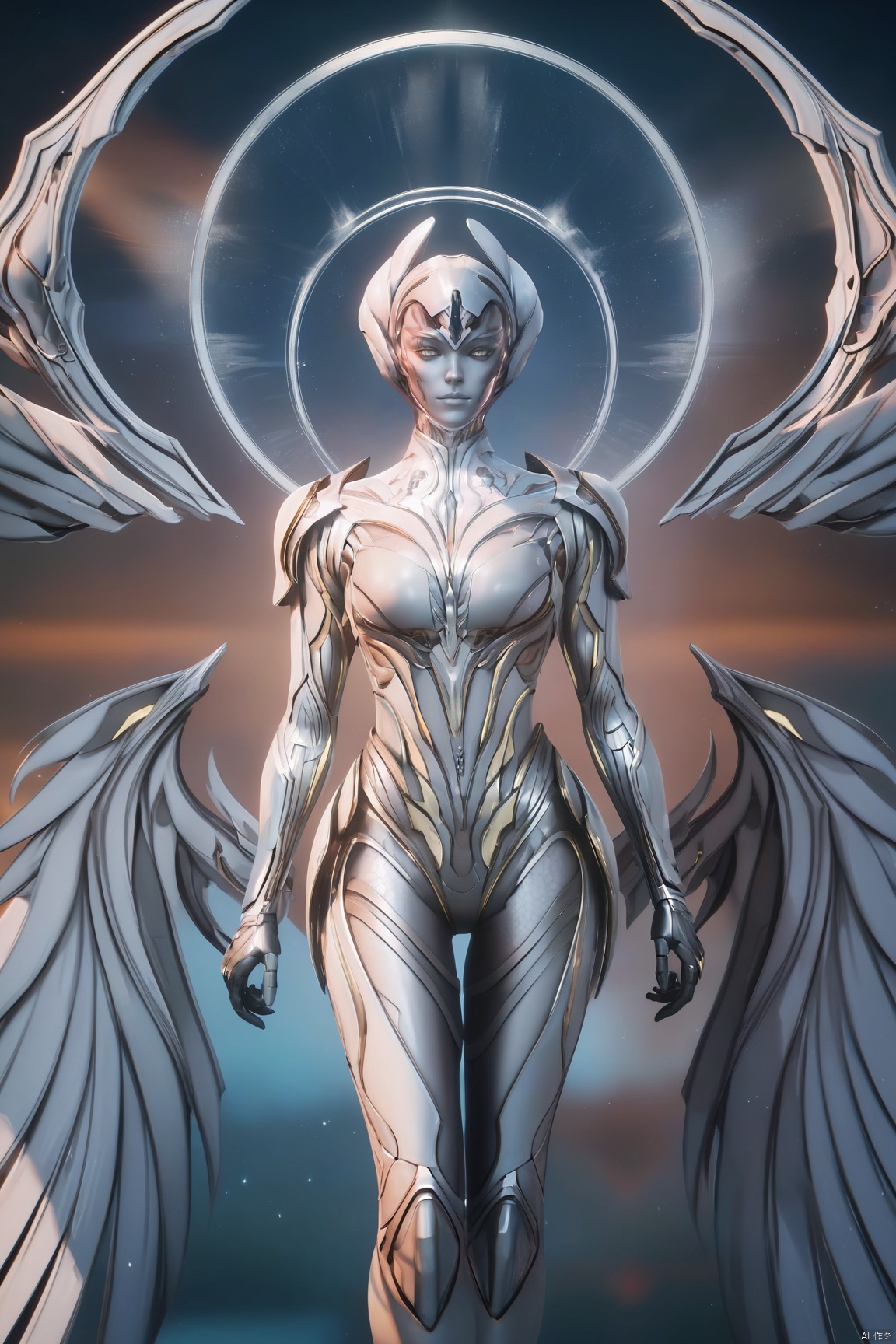 score_9_up,score_8_up,score_7_up,(Masterpiece, Best Quality, High Resolution, 8K Raw),absurdres, highres, Expressiveh, 
1girl, solo, looking at viewer, metal skin,wings, halo, multiple wings, armor,science fiction,