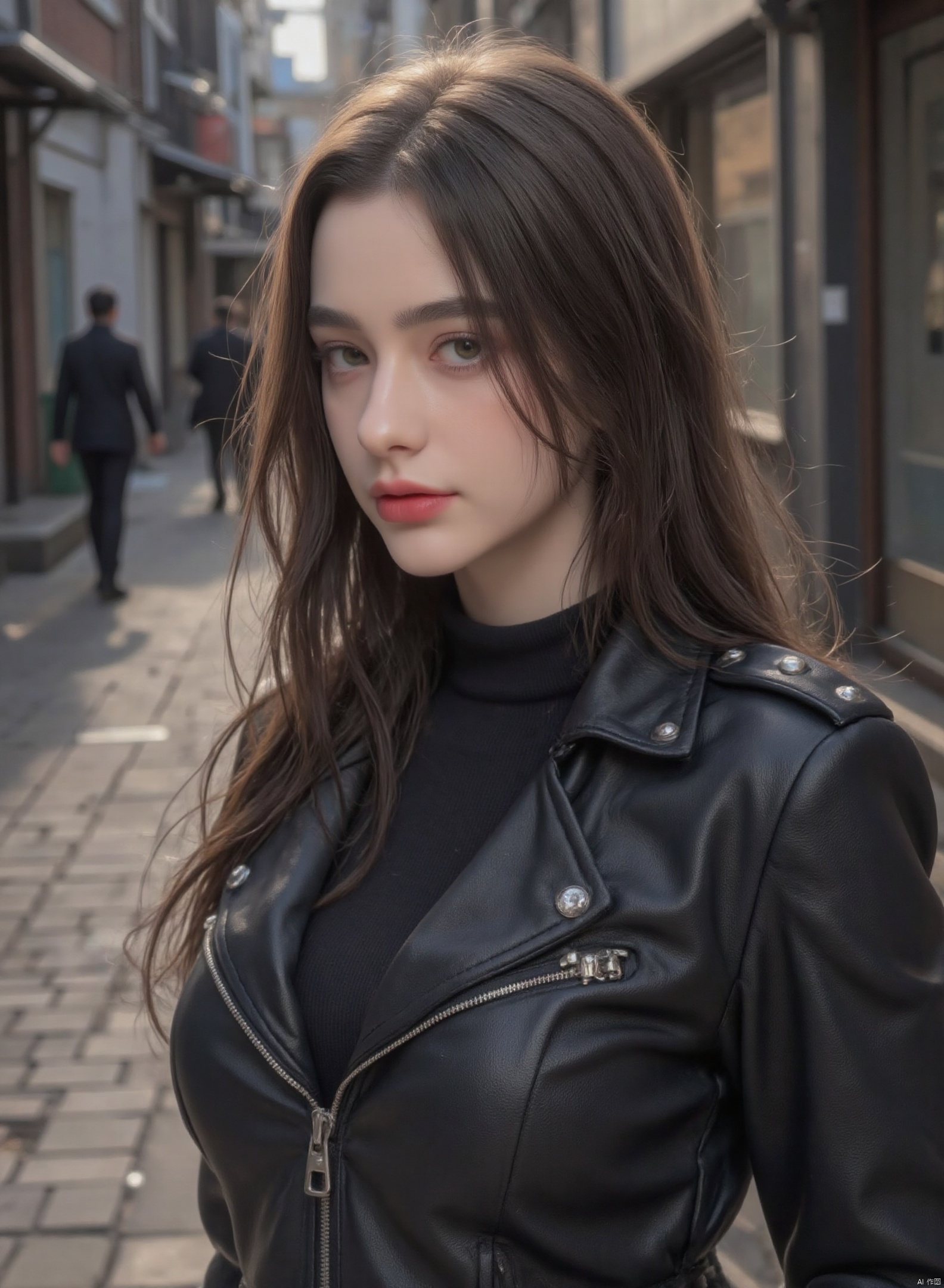 A beautiful and youthful Chinese model, 19 years old, showcases her striking looks with a slender body, perfect face, exquisite eyes, and luscious lips., A photorealistic portrait depicting a mysterious woman with compassionate green eyes and raven-black hair cascading down her back. She sports a dark, fitted leather jacket adorned with intricate silver studs, hinting at a hidden toughness beneath her ethereal beauty. The scene is captured from an unconventional perspective, as if seen through the lens of a small insect, which adds depth and intrigue to her enigmatic gaze. The background is a blend of soft, ambient light filtering through the dimly lit alleyway, casting long shadows that create an atmosphere of suspense and allure around this captivating subject.