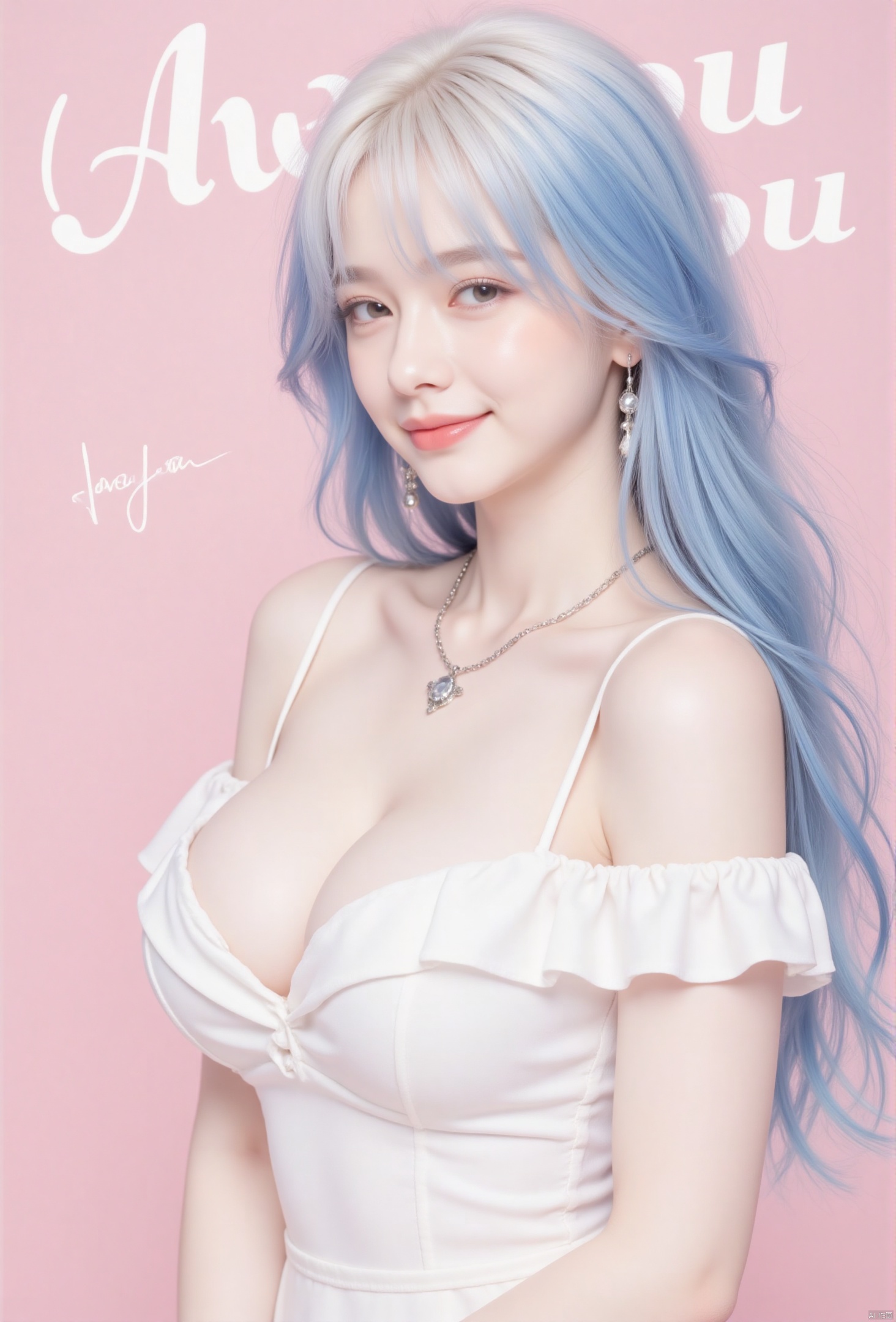 1girl, solo, long hair, breasts, cleavage,looking at viewer,Smile gently, pink background, blue hair,Air bangs,Thick hair, dress, cleavage, bare shoulders, jewelry, medium breasts, white hair, upper body, earrings, parted lips, signature, necklace, off shoulder, white dress, lips, It says "love you" on the top of the cover in Englishrealistic