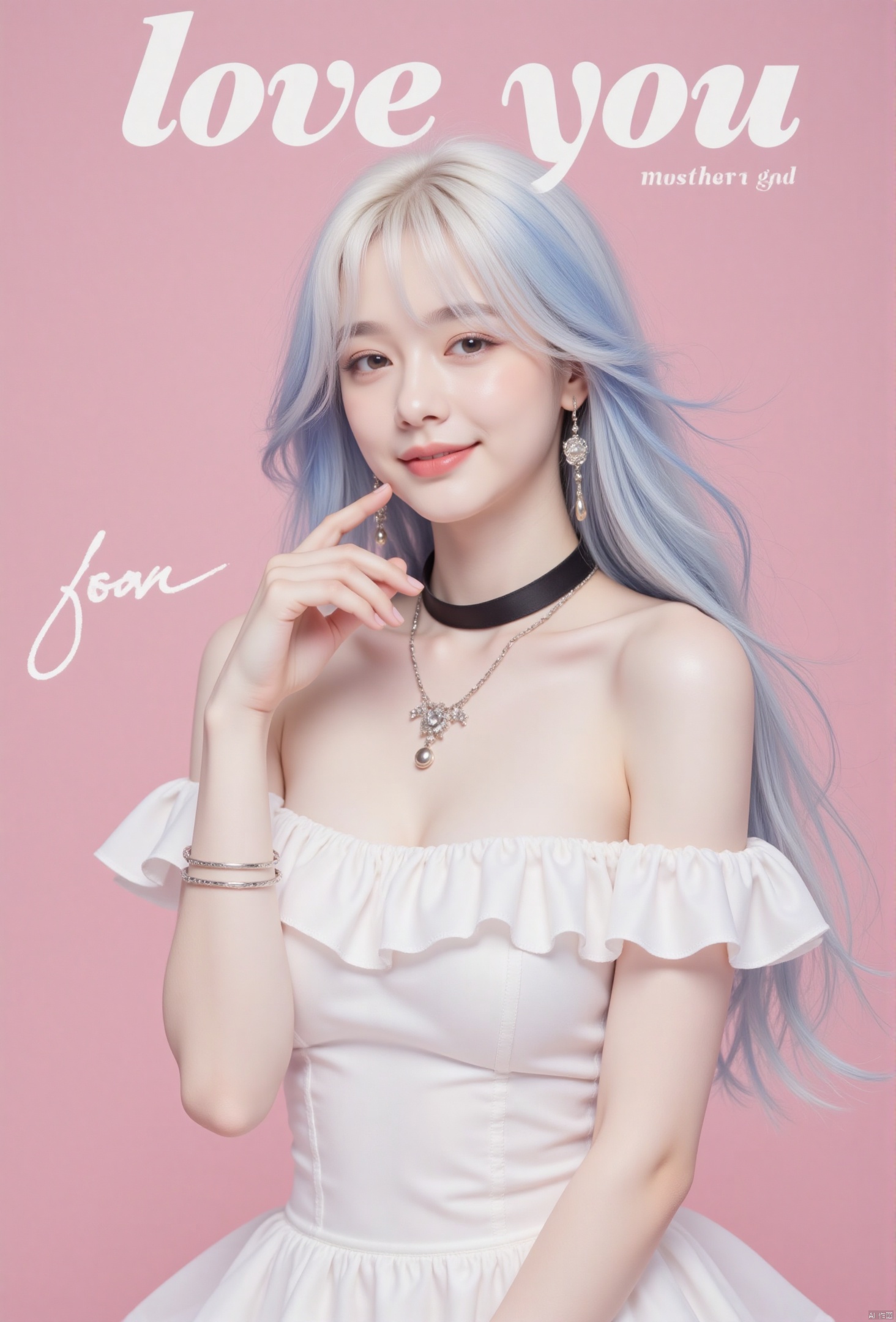 1girl, solo, long hair,,looking at viewer,Smile gently, pink background, blue hair,Air bangs,Thick hair, dress,  bare shoulders, jewelry, white hair, upper body, earrings, parted lips, signature, necklace, off shoulder, white dress, lips, It says "love you" on the top of the cover in Englishrealistic,black collar