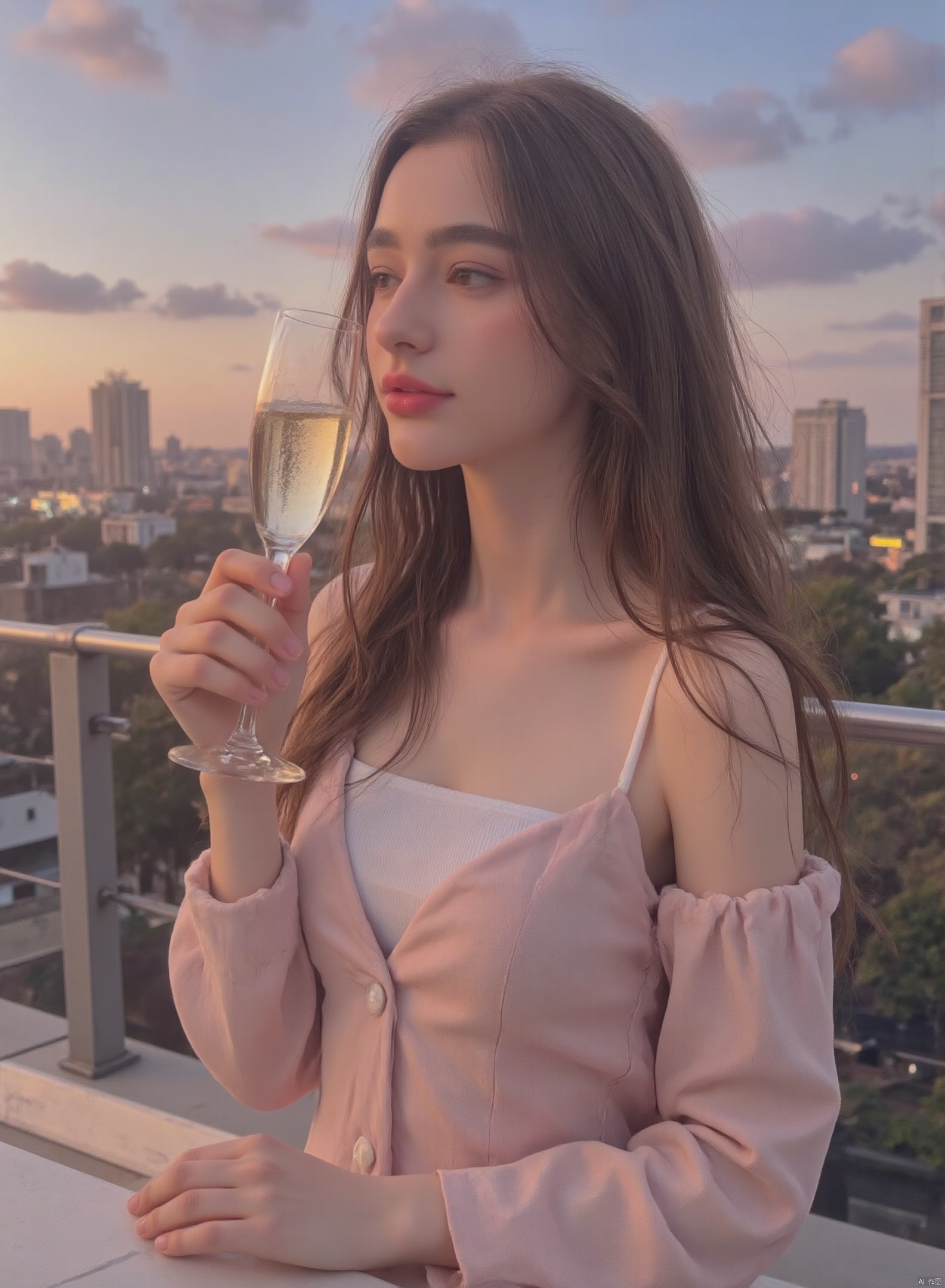  A sophisticated outdoor photograph of a model with elegant dark hair and a flawless complexion, wearing a chic summer suit, enjoying a glass of champagne at a rooftop bar overlooking a vibrant cityscape at sunset. The city lights twinkle in the background, creating a glamorous atmosphere. High resolution, 8k, golden hour lighting, hyperrealistic, photorealistic, detailed textures, shallow depth of field, lifestyle photography, advertisement photography, summer fashion, luxury lifestyle, trending on artstation.