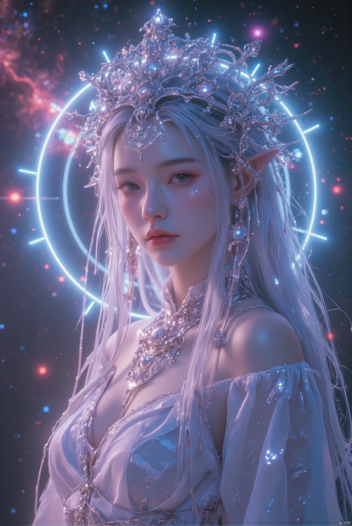 Beautiful female elf, elf with long silver hair, elf in beautiful white wedding dress, surreal photo, fantasy castle, neon colors, high contrast, fantasy, realistic details, high resolution, lord of the rings, maverick, movie stills, movie stills, beautiful western castle in the background, nebula, galaxy in the background, light, electric arc,noc-detail