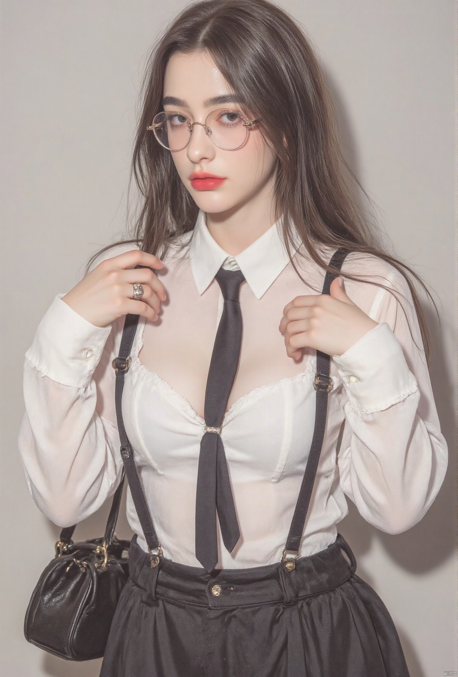 1girl, solo, long hair, breasts, looking at viewer, shirt, black hair, jewelry, collarbone, white shirt, upper body, parted lips, necktie, glasses, collared shirt, bag, black eyes, lips, wet, see-through, makeup, ring, suspenders, lipstick, wet clothes, black necktie, realistic, nose, round eyewear, red lips, wet shirt