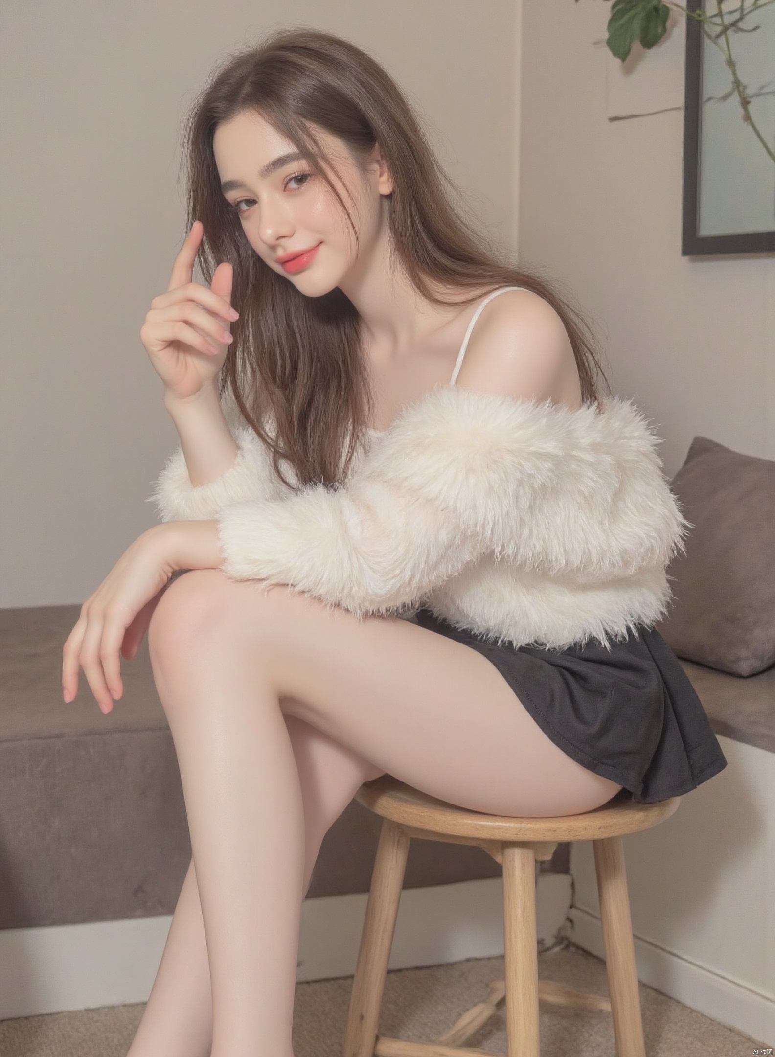 In a cozy bedroom corner, a young Asian woman with rich brunette hair sits on a stool, her long, fluffy hair framing her face as she leans slightly forward, her legs crossed at the ankles. She is adorned in a zettai ryouiki mini skirt that highlights her thighs, paired with a fur-trimmed loose upshirt that drapes over her frame. Her makeup is natural, with a soft emphasis on her bright eyes and a relaxed smile, exuding a youthful and endearing demeanor. The shot is taken from a side angle, capturing her from the waist up as she looks into the camera with a playful, lazy gaze, her posture relaxed and inviting.