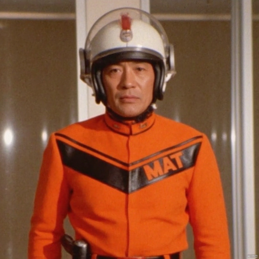 MAT,helmet,orange pants,orange jacket,collar,belt,logo,uniform,jacket,gloves,boots,emblem,pants,white gloves,black footwear,orange jacket with black line
