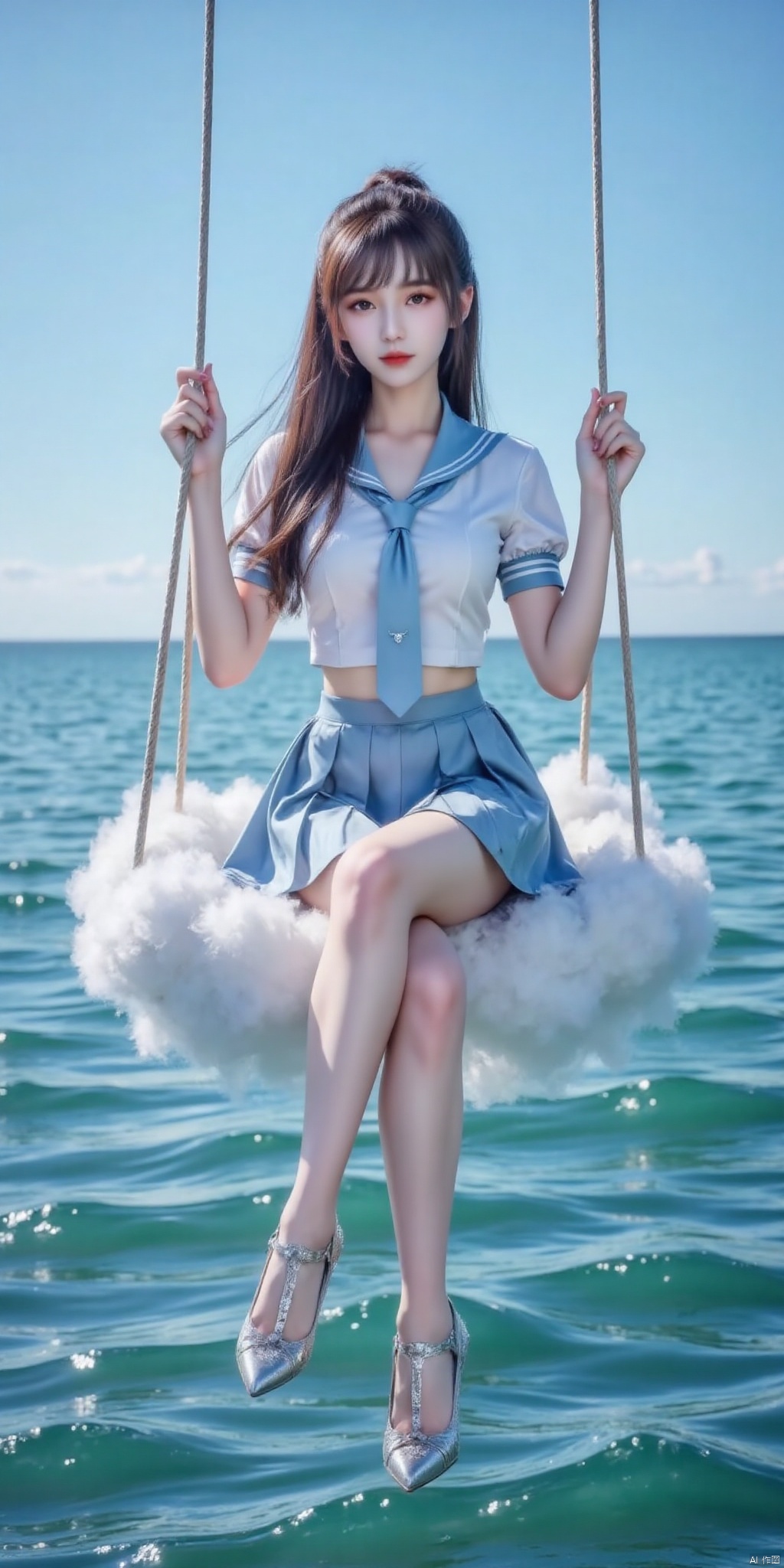 真人肌肤纹理, 4K画质,完美身材,long legs,Film texture, film and television, surrealism, a girl with a delicate face is sitting on a cloud swing. The girl is wearing a jk sailor uniform, a white short-sleeved shirt, light blue stripes trimming, a light blue tie, white blue pleated skirt, exquisite diamond-encrusted high heels, swing rope The sub is connected to a cloud in the sky, the background is a vast ocean, the water shows a consistent blue-green tone, the sky is also blue-green, blending with the ocean, perfect light and shadow, hyper-realistic photography, sharpening, artistic conception, Consciousness, large areas of blank space, sense of space, haziness, dreams, fog, 