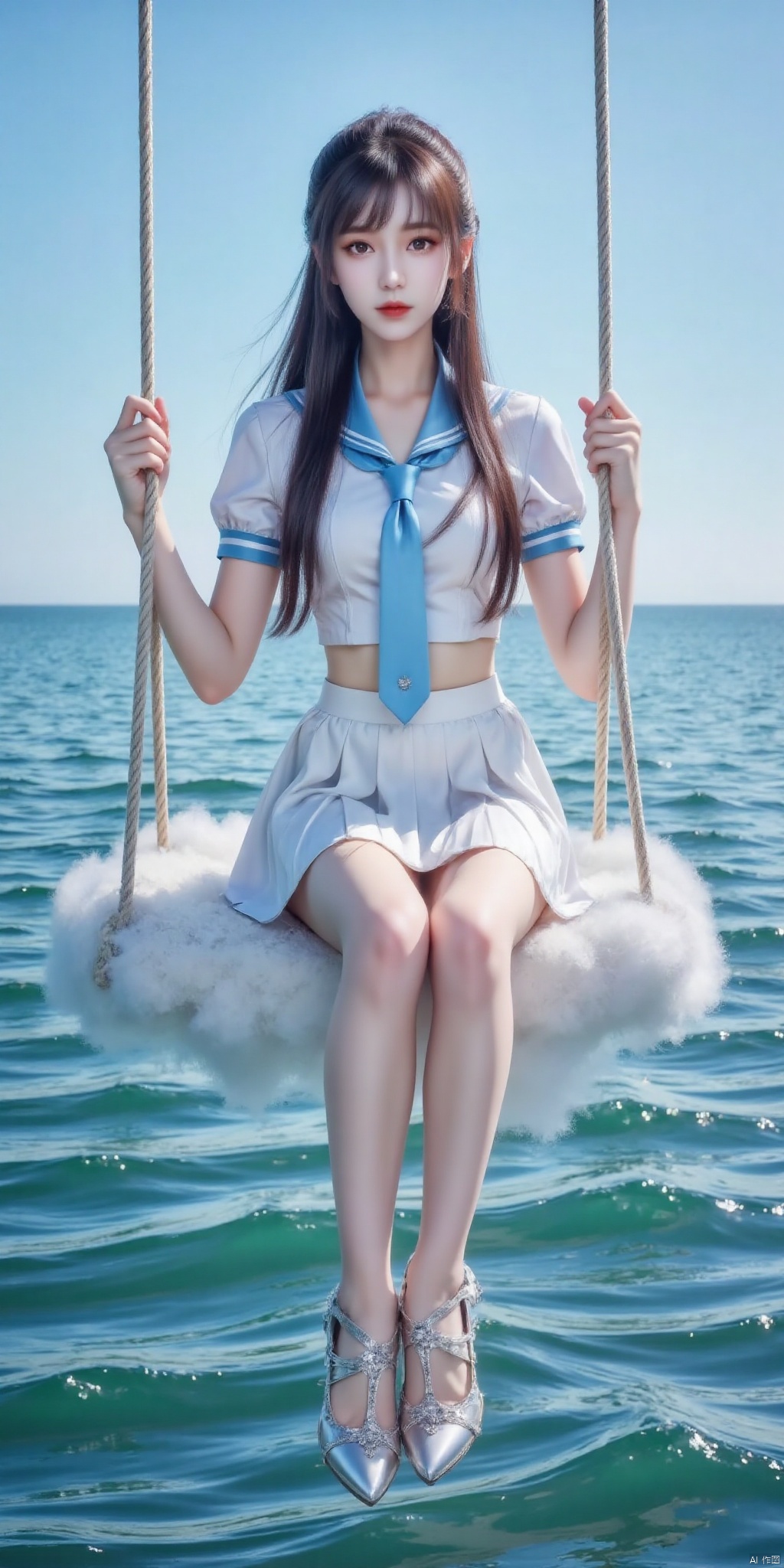 真人肌肤纹理, 4K画质,完美身材,long legs,Film texture, film and television, surrealism, a girl with a delicate face is sitting on a cloud swing. The girl is wearing a jk sailor uniform, a white short-sleeved shirt, light blue stripes trimming, a light blue tie, white blue pleated skirt, exquisite diamond-encrusted high heels, swing rope The sub is connected to a cloud in the sky, the background is a vast ocean, the water shows a consistent blue-green tone, the sky is also blue-green, blending with the ocean, perfect light and shadow, hyper-realistic photography, sharpening, artistic conception, Consciousness, large areas of blank space, sense of space, haziness, dreams, fog, 