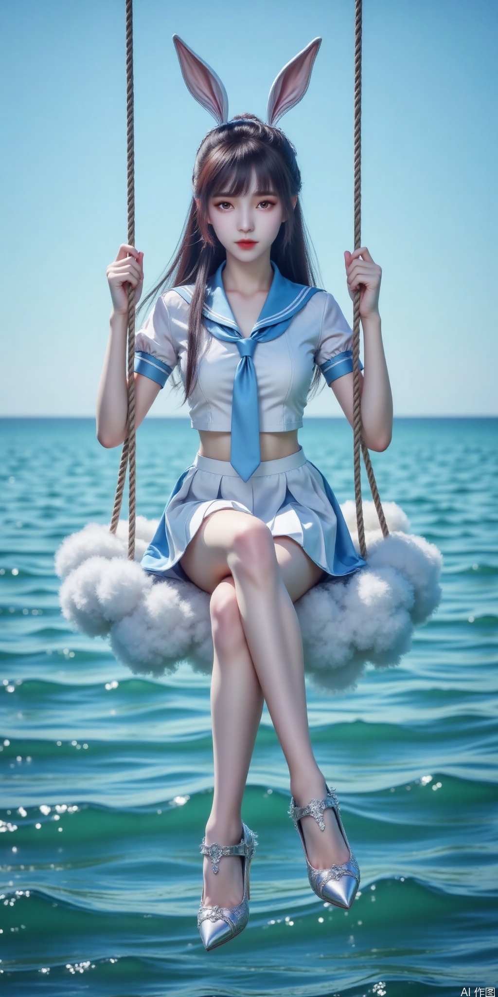 真人肌肤纹理, 4K画质,完美身材,long legs,Film texture, film and television, surrealism, a girl with a delicate face is sitting on a cloud swing. The girl is wearing a jk sailor uniform, a white short-sleeved shirt, light blue stripes trimming, a light blue tie, white blue pleated skirt, exquisite diamond-encrusted high heels, swing rope The sub is connected to a cloud in the sky, the background is a vast ocean, the water shows a consistent blue-green tone, the sky is also blue-green, blending with the ocean, perfect light and shadow, hyper-realistic photography, sharpening, artistic conception, Consciousness, large areas of blank space, sense of space, haziness, dreams, fog,xiaowu,rabbit ears