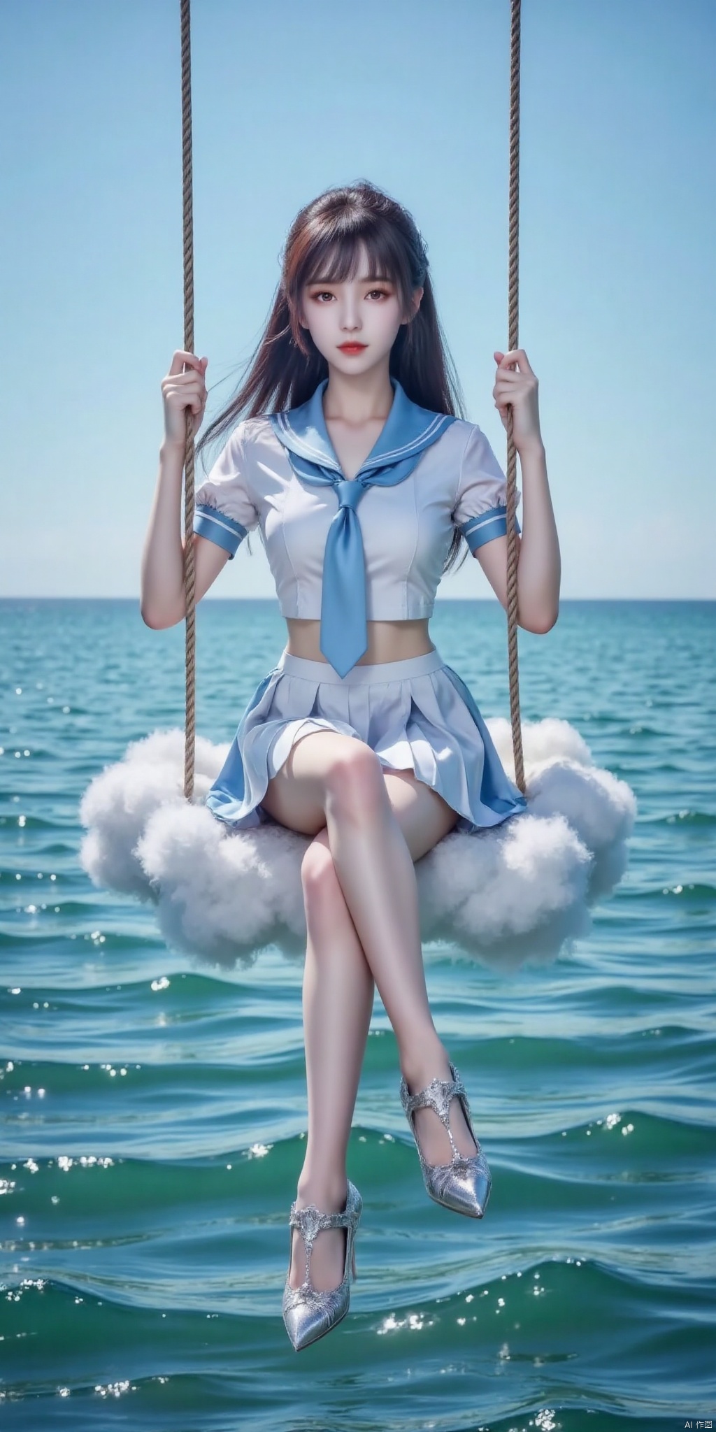 真人肌肤纹理, 4K画质,完美身材,long legs,Film texture, film and television, surrealism, a girl with a delicate face is sitting on a cloud swing. The girl is wearing a jk sailor uniform, a white short-sleeved shirt, light blue stripes trimming, a light blue tie, white blue pleated skirt, exquisite diamond-encrusted high heels, swing rope The sub is connected to a cloud in the sky, the background is a vast ocean, the water shows a consistent blue-green tone, the sky is also blue-green, blending with the ocean, perfect light and shadow, hyper-realistic photography, sharpening, artistic conception, Consciousness, large areas of blank space, sense of space, haziness, dreams, fog, 