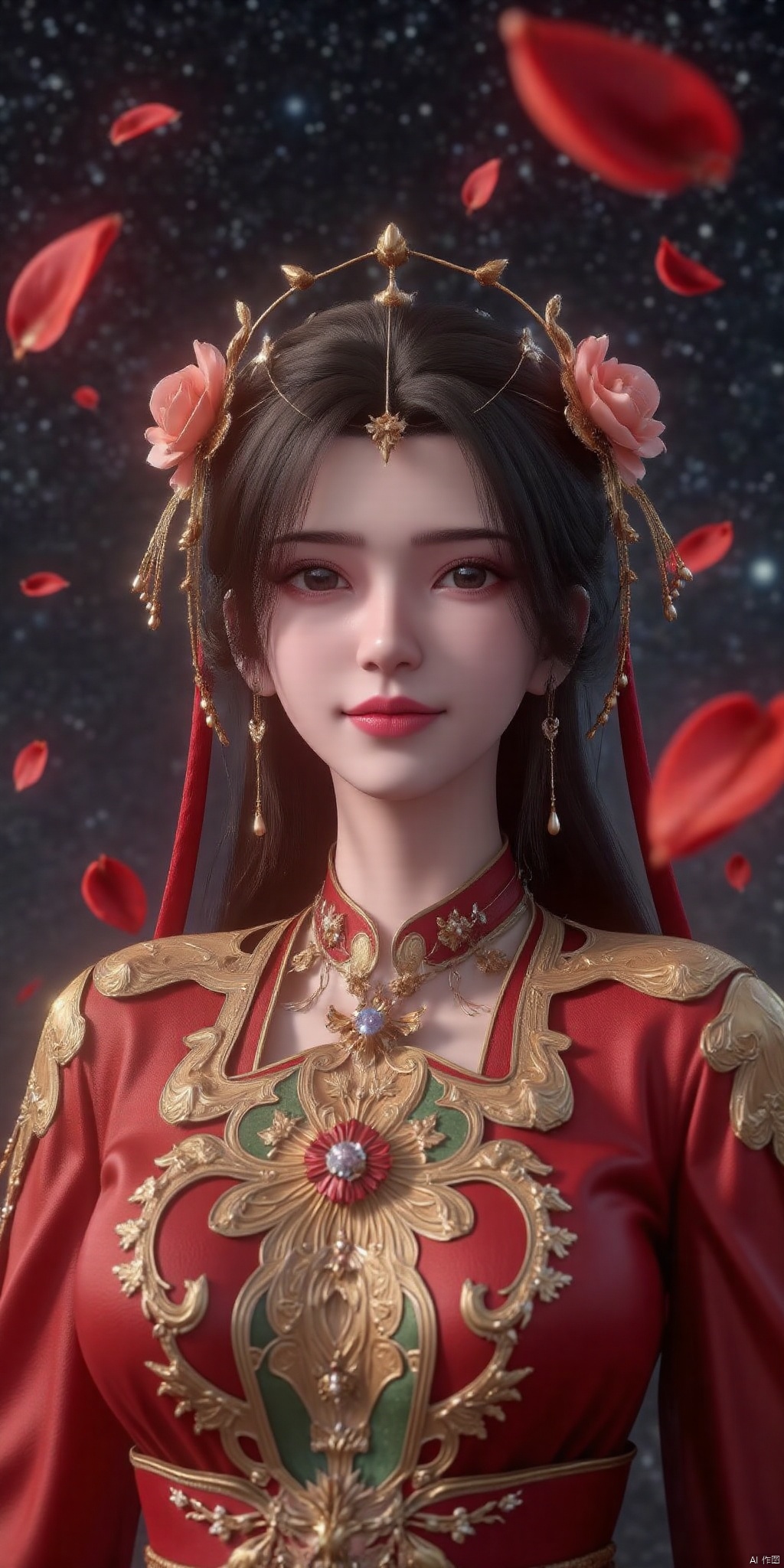   DSLR Quality,Depth of field ,looking_at_viewer,Dynamic pose, , kind smile,1girl , 8k resolution, Masterpiece quality, High detail. from below, Fantasy theme, cropped. {(1 girl:1.5),(close to viewer:1.8), ((looking at viewer:2), beautiful face, ), ((worm's eye shot:1.2)),perspective distortion}, (Panoramic view, fisheye lens effect:1.1). {(Strong backlighting, underexposure:1.4), (blocked shadows:0.8), depth of field(at 100mm focal length:1.2)}, (horizon:0.7), low key earth. the starry sky feathering into the background, creating a sense of depth and gradient. Incorporating Droste Effect(an endless repetition and reflection:1.2). Surrounded by fluttering rose petals, reflected or casting dramatic shadows and highlights, {(meteor shower, planets:1.1), (Vermilion Comet:1.3)}. mesmerizing effect, a dreamlike ambiance of infinity. A vortex of rose petals, a starry sky vortex, , as, vortex, tyjf,