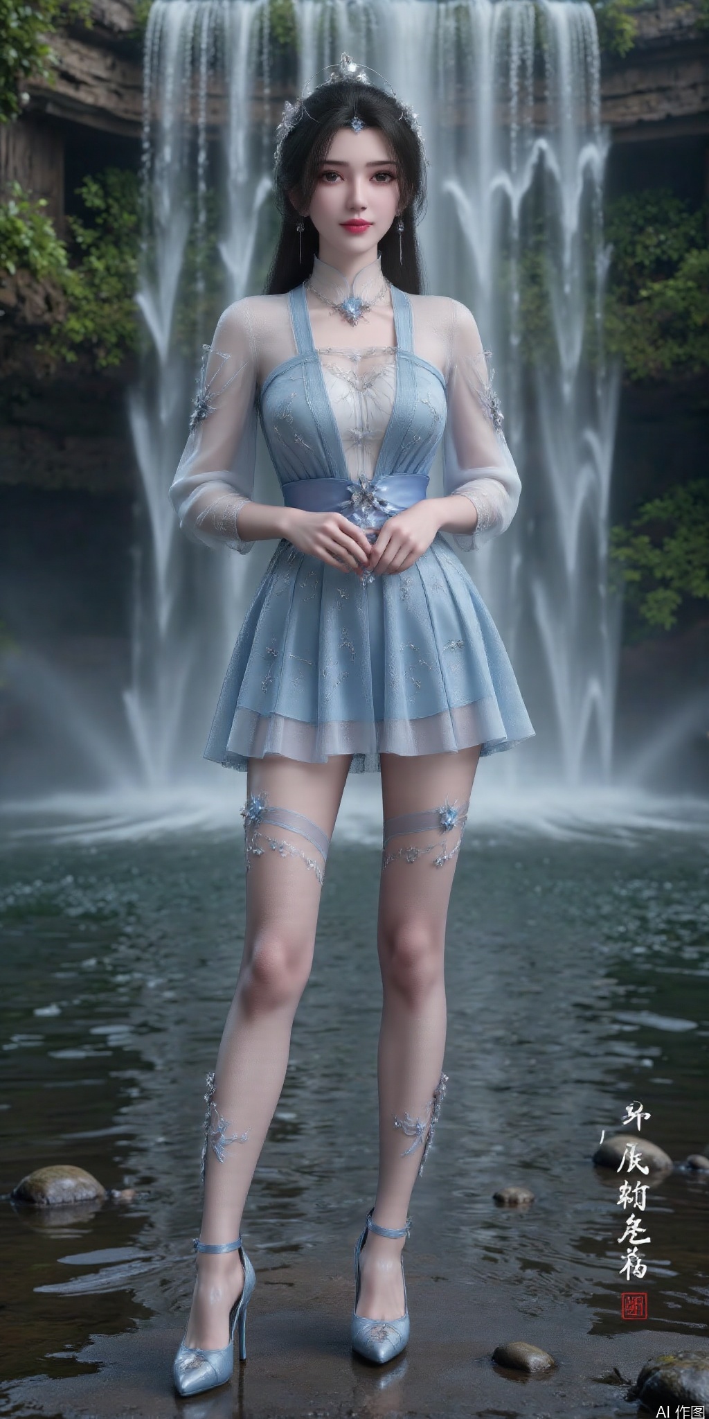  surreal warm cinematic full body shot photography, Kodak Professional Portra 160, 1girl,looking_at_viewer,navel,,exquisite diamond-encrusted high heels, ,kind smile,. , argyle legwear,star \(symbol\),super long legs, ,realistic,,pose for picture,Dynamic posture, ,良好解剖结构,真人肌肤纹理, 4K画质,完美身材,
Chinese aesthetics, Full figure, perfect five fingers, high-definition details, skin texture, realistic background The succubus stood in front of an ancient waterfall, the water crashing against the rocks. She wore a light blue tulle skirt with patterns of water waves and waterfalls printed all over it. Her expression was quiet and mysterious, and her eyes were looking at the crystal ball in her hand. Her long hair flutters gently in the mist, contrasting with the light blue tulle skirt. Her figure is tall and straight, with graceful curves, like a fairy in a waterfall. The majesty of the waterfall forms a strong contrast with the beauty of the banshee, making people feel a shocking beauty.

The perspective emphasizes the depth and movement, giving a cinematic and slightly dreamy atmosphere.