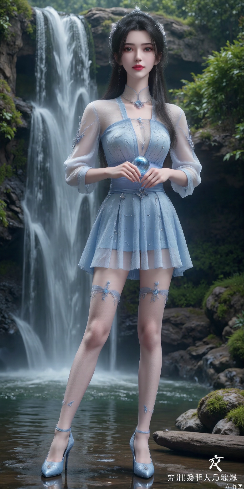  surreal warm cinematic full body shot photography, Kodak Professional Portra 160, 1girl,looking_at_viewer,navel,,exquisite diamond-encrusted high heels, ,kind smile,. , argyle legwear,star \(symbol\),super long legs, ,realistic,,pose for picture,Dynamic posture, ,良好解剖结构,真人肌肤纹理, 4K画质,完美身材,
Chinese aesthetics, Full figure, perfect five fingers, high-definition details, skin texture, realistic background The succubus stood in front of an ancient waterfall, the water crashing against the rocks. She wore a light blue tulle skirt with patterns of water waves and waterfalls printed all over it. Her expression was quiet and mysterious, and her eyes were looking at the crystal ball in her hand. Her long hair flutters gently in the mist, contrasting with the light blue tulle skirt. Her figure is tall and straight, with graceful curves, like a fairy in a waterfall. The majesty of the waterfall forms a strong contrast with the beauty of the banshee, making people feel a shocking beauty.

The perspective emphasizes the depth and movement, giving a cinematic and slightly dreamy atmosphere.