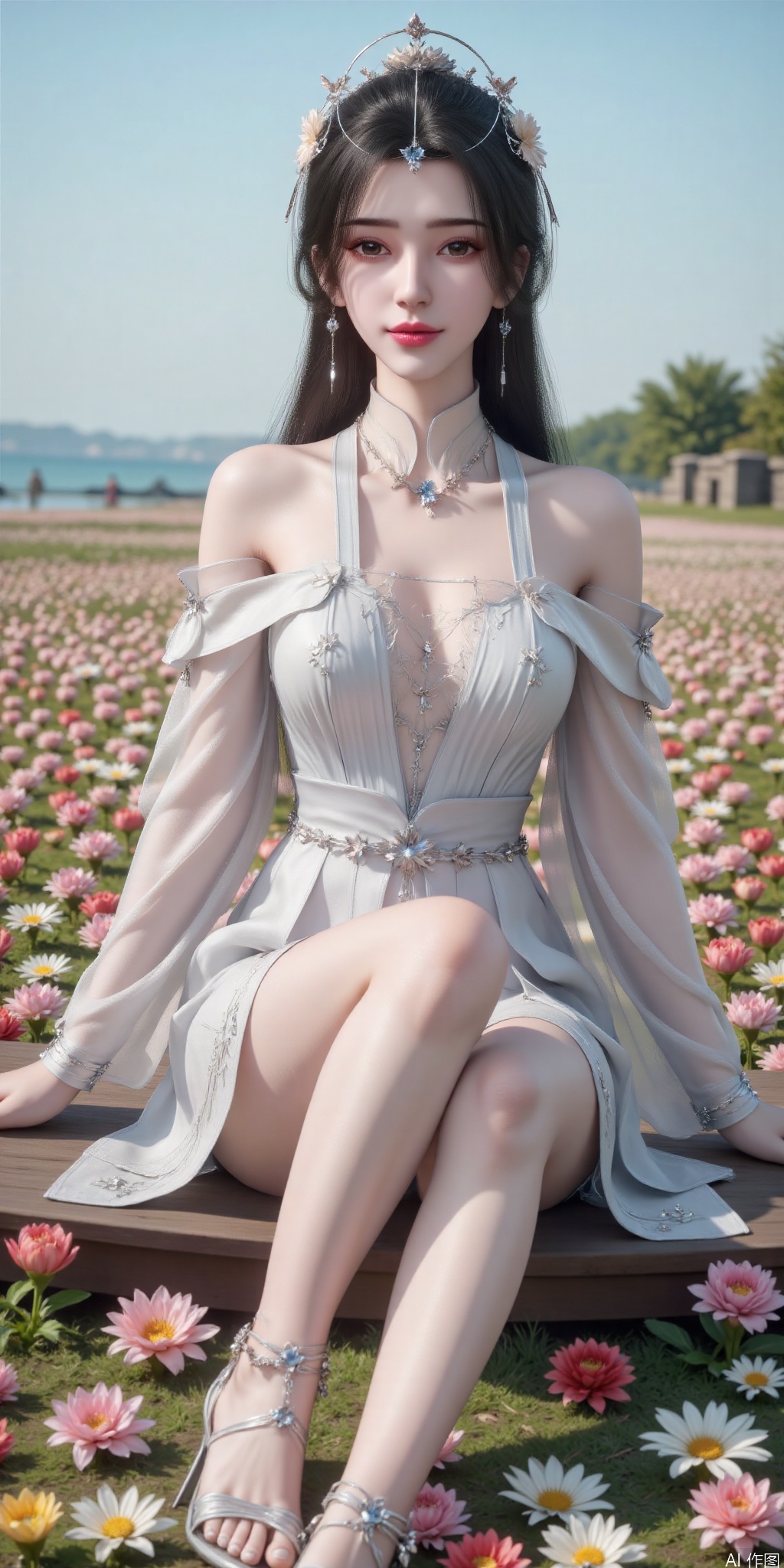 真人肌肤纹理, 4K画质,完美身材,long legs,big_breasts,navel,,(Good structure), DSLR Quality,Depth of field,kind smile,looking_at_viewer,Dynamic pose,, best quality, masterpiece, illustration, (reflection light), incredibly absurdres, ((Movie Poster), (signature:1.3), (English text), 1girl, girl middle of flower, pure sky,clear sky, outside, collarbone, sitting, absurdly long hair, clear boundaries of the cloth, white dress, fantastic scenery, ground of flowers, thousand of flowers, colorful flowers, flowers around her, various flowers,bare shoulders,skirt, sandals,, , weddingdress, ,limuwan