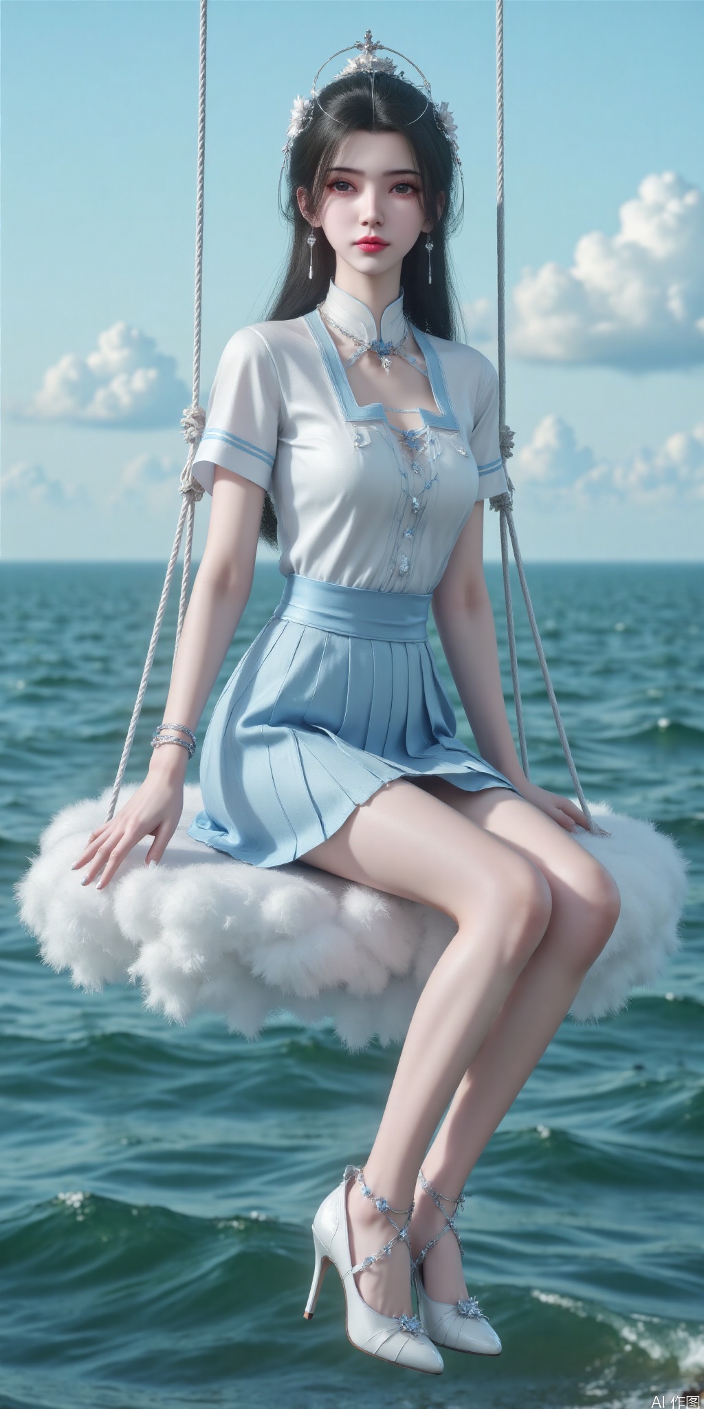 真人肌肤纹理, 4K画质,完美身材,long legs,Film texture, film and television, surrealism, a girl with a delicate face is sitting on a cloud swing. The girl is wearing a jk sailor uniform, a white short-sleeved shirt, light blue stripes trimming, a light blue tie, white blue pleated skirt, exquisite diamond-encrusted high heels, swing rope The sub is connected to a cloud in the sky, the background is a vast ocean, the water shows a consistent blue-green tone, the sky is also blue-green, blending with the ocean, perfect light and shadow, hyper-realistic photography, sharpening, artistic conception, Consciousness, large areas of blank space, sense of space, haziness, dreams, fog, 