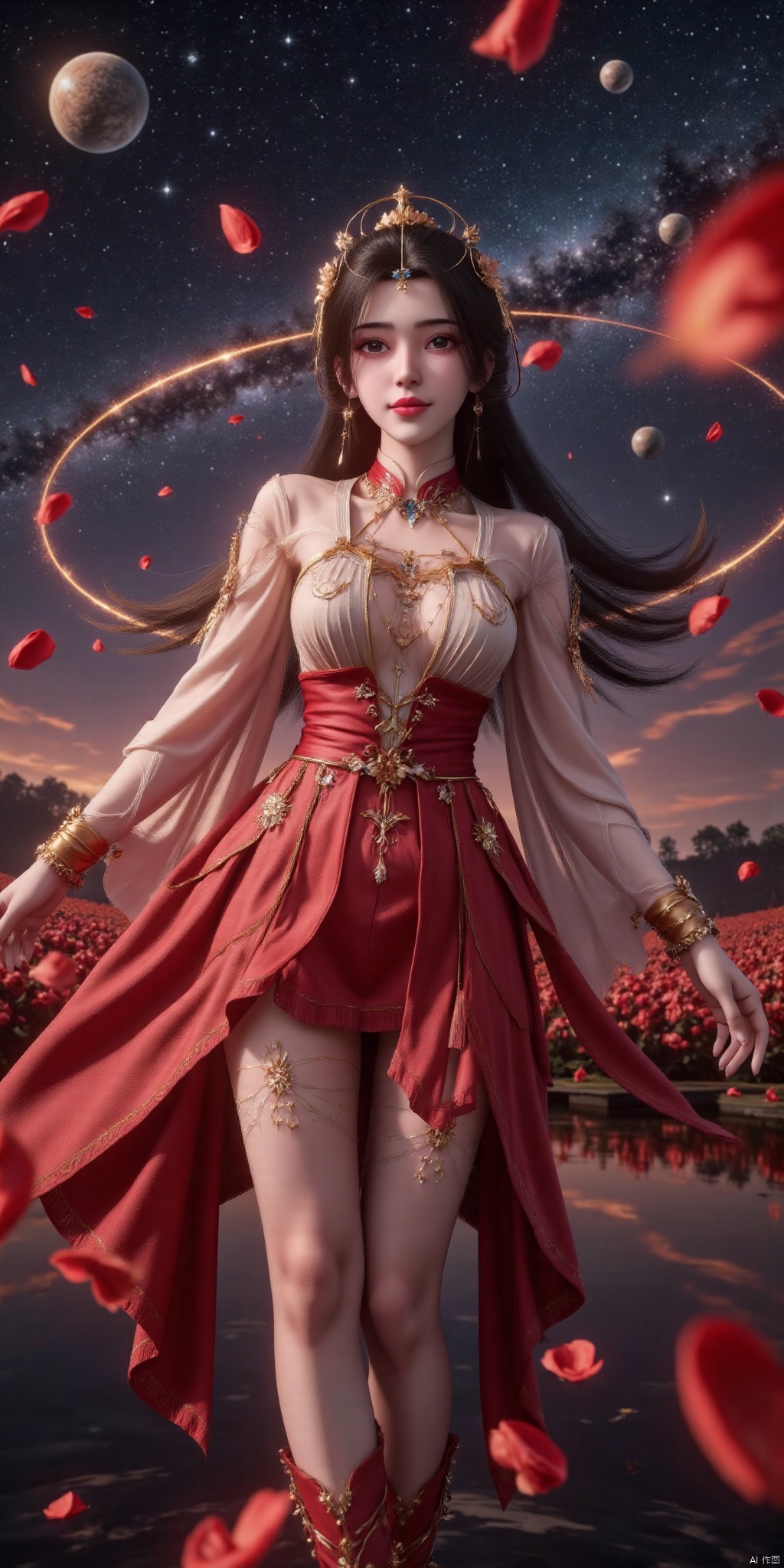   DSLR Quality,Depth of field ,looking_at_viewer,Dynamic pose, , kind smile,1girl , 8k resolution, Masterpiece quality, High detail. from below, Fantasy theme, cropped. {(1 girl:1.5),(close to viewer:1.8), ((looking at viewer:2), beautiful face, ), ((worm's eye shot:1.2)),perspective distortion}, (Panoramic view, fisheye lens effect:1.1). {(Strong backlighting, underexposure:1.4), (blocked shadows:0.8), depth of field(at 100mm focal length:1.2)}, (horizon:0.7), low key earth. the starry sky feathering into the background, creating a sense of depth and gradient. Incorporating Droste Effect(an endless repetition and reflection:1.2). Surrounded by fluttering rose petals, reflected or casting dramatic shadows and highlights, {(meteor shower, planets:1.1), (Vermilion Comet:1.3)}. mesmerizing effect, a dreamlike ambiance of infinity. A vortex of rose petals, a starry sky vortex, , as, vortex, tyjf,