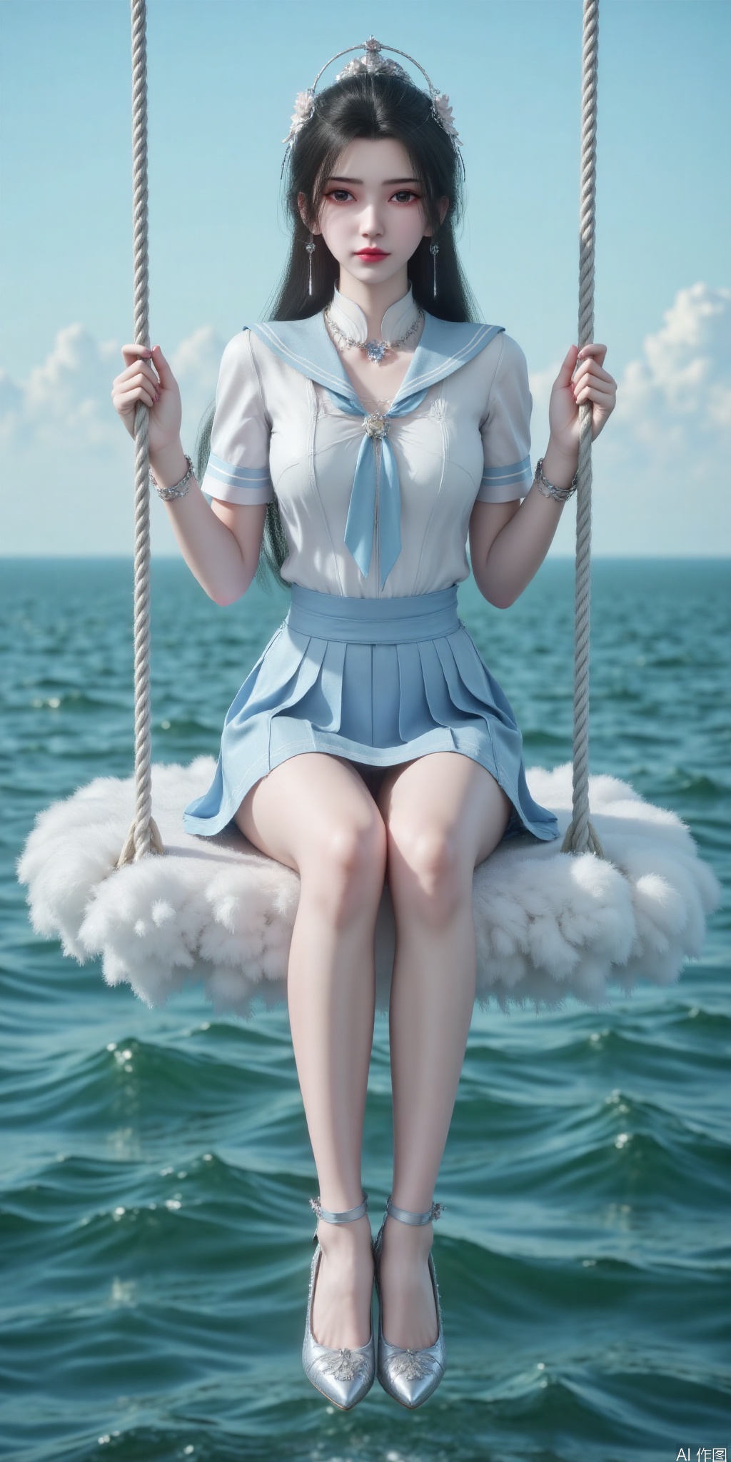 真人肌肤纹理, 4K画质,完美身材,long legs,Film texture, film and television, surrealism, a girl with a delicate face is sitting on a cloud swing. The girl is wearing a jk sailor uniform, a white short-sleeved shirt, light blue stripes trimming, a light blue tie, white blue pleated skirt, exquisite diamond-encrusted high heels, swing rope The sub is connected to a cloud in the sky, the background is a vast ocean, the water shows a consistent blue-green tone, the sky is also blue-green, blending with the ocean, perfect light and shadow, hyper-realistic photography, sharpening, artistic conception, Consciousness, large areas of blank space, sense of space, haziness, dreams, fog, 