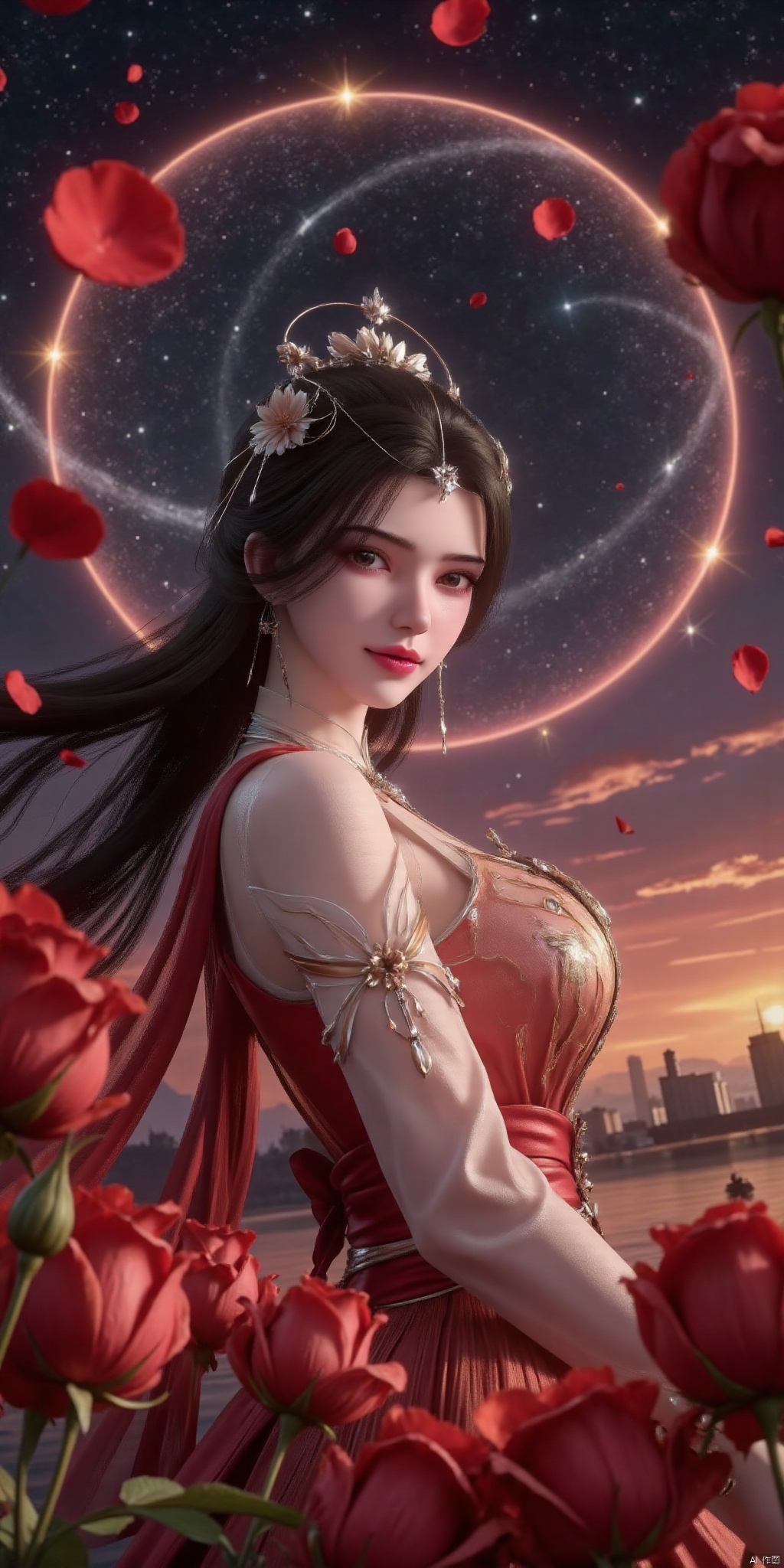   DSLR Quality,Depth of field ,looking_at_viewer,Dynamic pose, , kind smile,1girl , 8k resolution, Masterpiece quality, High detail. from below, Fantasy theme, cropped. {(1 girl:1.5),(close to viewer:1.8), ((looking at viewer:2), beautiful face, ), ((worm's eye shot:1.2)),perspective distortion}, (Panoramic view, fisheye lens effect:1.1). {(Strong backlighting, underexposure:1.4), (blocked shadows:0.8), depth of field(at 100mm focal length:1.2)}, (horizon:0.7), low key earth. the starry sky feathering into the background, creating a sense of depth and gradient. Incorporating Droste Effect(an endless repetition and reflection:1.2). Surrounded by fluttering rose petals, reflected or casting dramatic shadows and highlights, {(meteor shower, planets:1.1), (Vermilion Comet:1.3)}. mesmerizing effect, a dreamlike ambiance of infinity. A vortex of rose petals, a starry sky vortex, , as, vortex, tyjf,