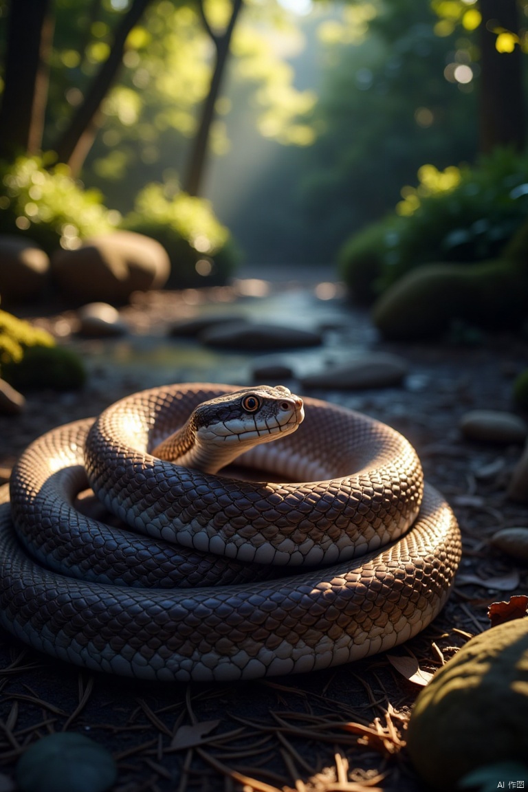 A coiled snake with vibrant scales, positioned in the center of a dark forest floor. The shot is framed to capture the snake’s sinuous form, with dappled light filtering through the canopy above, casting intricate patterns on its body. The snake’s head is slightly raised, eyes glinting with a predatory gaze.