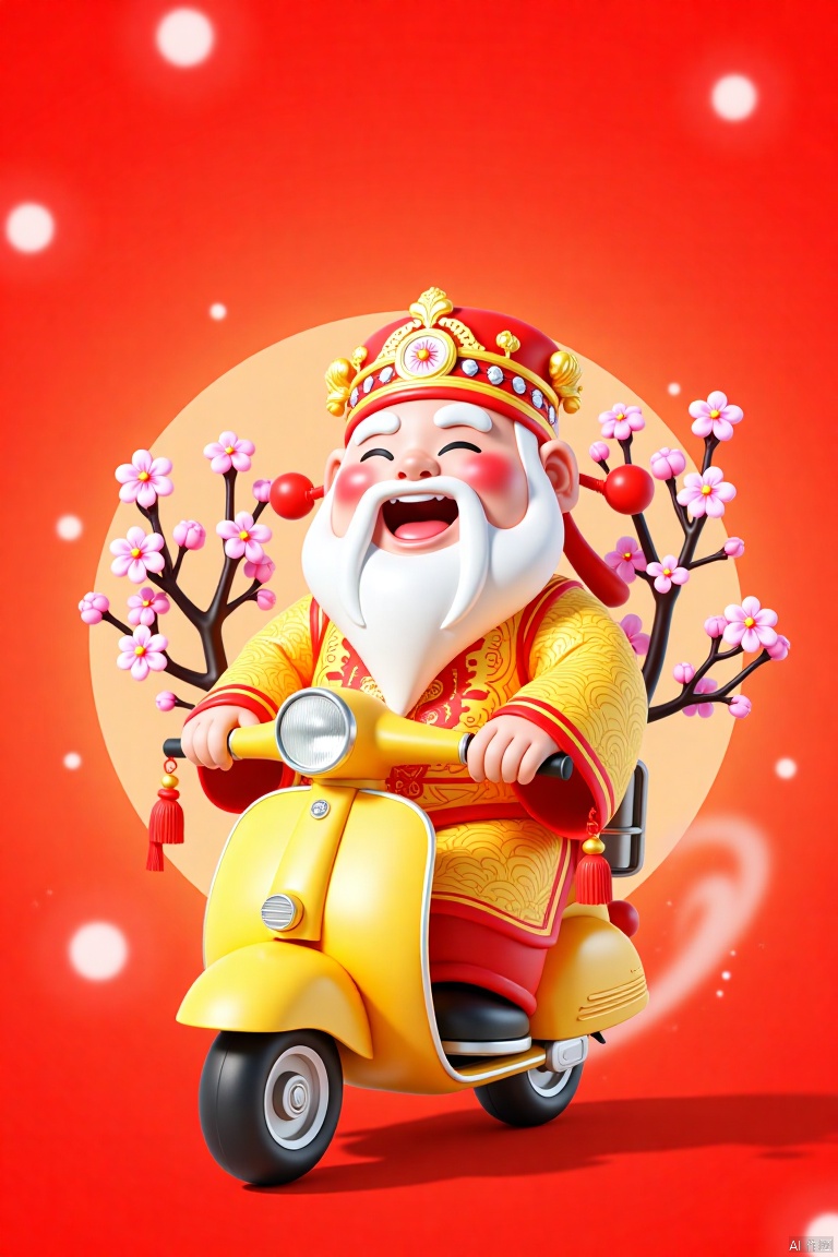 This is a vibrant CGI illustration featuring a joyful, chubby, elderly Asian man with a long white beard and mustache, riding a bright yellow scooter. He wears a traditional golden-yellow and red robe adorned with intricate patterns and a floral headdress. His eyes are closed, smiling widely. Pink cherry blossom branches with white flowers are attached to the scooter. The background is a warm, gradient red with bokeh light effects. The image exudes a festive, celebratory atmosphere, likely inspired by Chinese New Year.