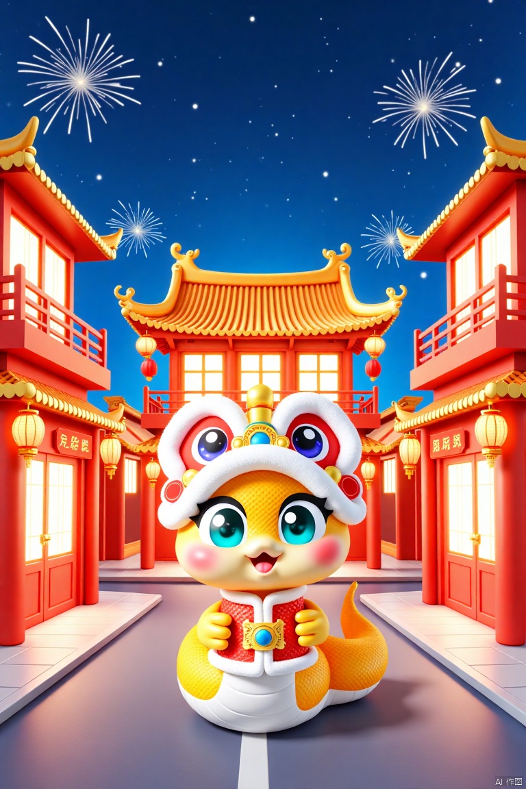 xinniankeai,This vibrant digital illustration depicts a traditional Chinese holiday night, with an adorable, Chinese-style anthropomorphic snake character in the middle of the frame celebrating the Chinese New Year. The character has large, expressive blue eyes, a fluffy white hat with red and blue ornaments, and festive attire against a backdrop of a brightly lit, ornate temple with red lanterns, gold ornaments, and a pagoda-like roof. Fireworks burst in the starry sky, casting a festive glow, and the clean and tidy streets add to the lively atmosphere. The painting is rich in detail and color, capturing the essence of the joyous celebration.