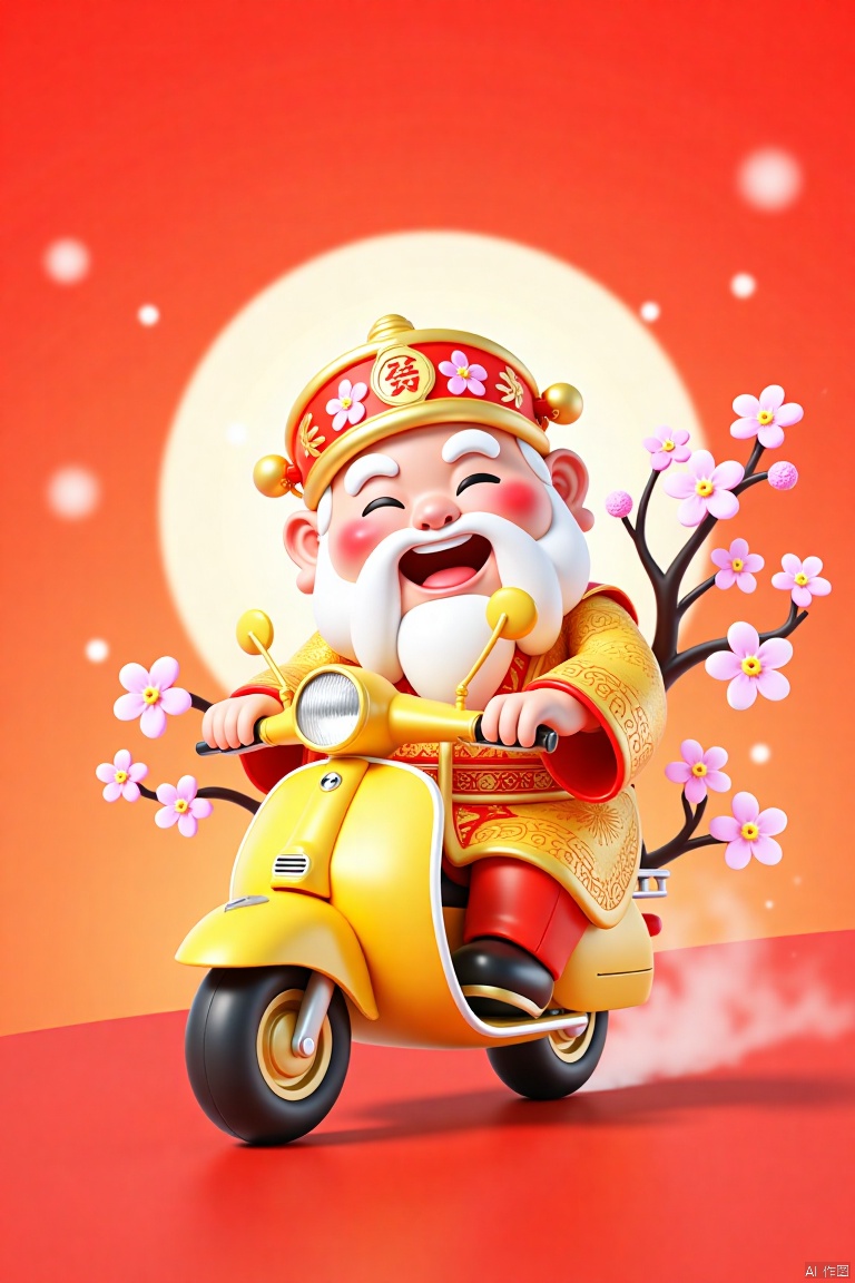 This is a vibrant CGI illustration featuring a joyful, chubby, elderly Asian man with a long white beard and mustache, riding a bright yellow scooter. He wears a traditional golden-yellow and red robe adorned with intricate patterns and a floral headdress. His eyes are closed, smiling widely. Pink cherry blossom branches with white flowers are attached to the scooter. The background is a warm, gradient red with bokeh light effects. The image exudes a festive, celebratory atmosphere, likely inspired by Chinese New Year.