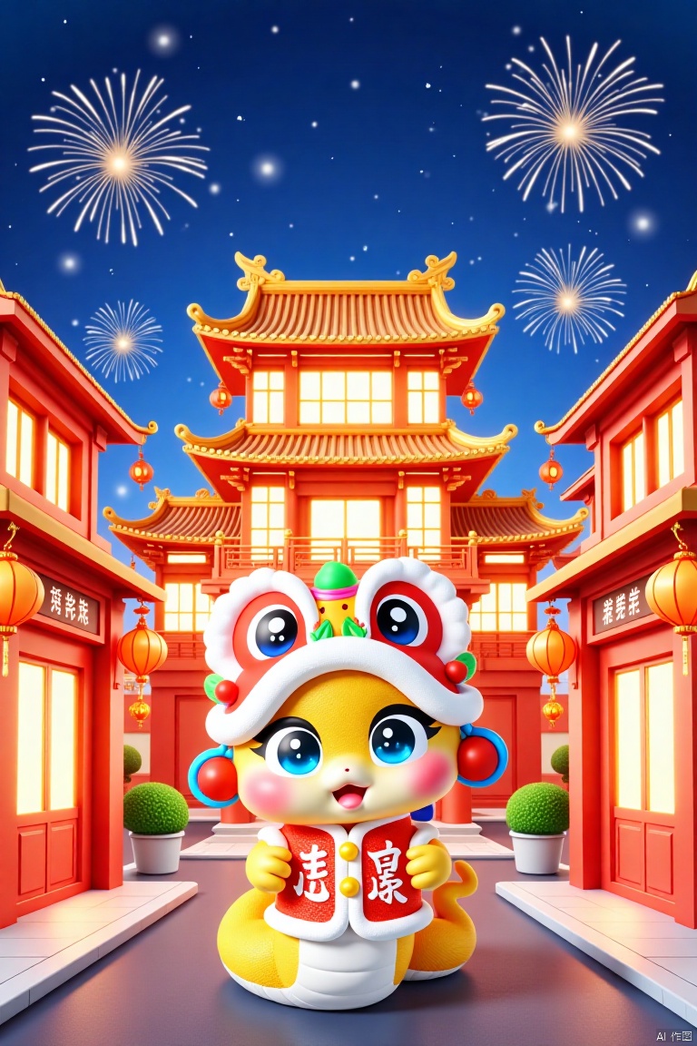 xinniankeai,This vibrant digital illustration depicts a traditional Chinese holiday night, with an adorable, Chinese-style anthropomorphic snake character in the middle of the frame celebrating the Chinese New Year. The character has large, expressive blue eyes, a fluffy white hat with red and blue ornaments, and festive attire against a backdrop of a brightly lit, ornate temple with red lanterns, gold ornaments, and a pagoda-like roof. Fireworks burst in the starry sky, casting a festive glow, and the clean and tidy streets add to the lively atmosphere. The painting is rich in detail and color, capturing the essence of the joyous celebration.