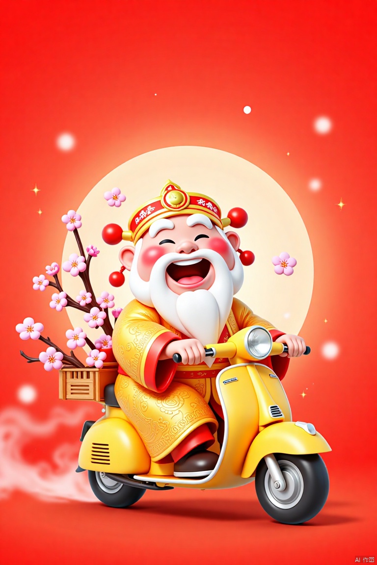This is a vibrant CGI illustration featuring a joyful, chubby, elderly Asian man with a long white beard and mustache, riding a bright yellow scooter. He wears a traditional golden-yellow and red robe adorned with intricate patterns and a floral headdress. His eyes are closed, smiling widely. Pink cherry blossom branches with white flowers are attached to the scooter. The background is a warm, gradient red with bokeh light effects. The image exudes a festive, celebratory atmosphere, likely inspired by Chinese New Year.