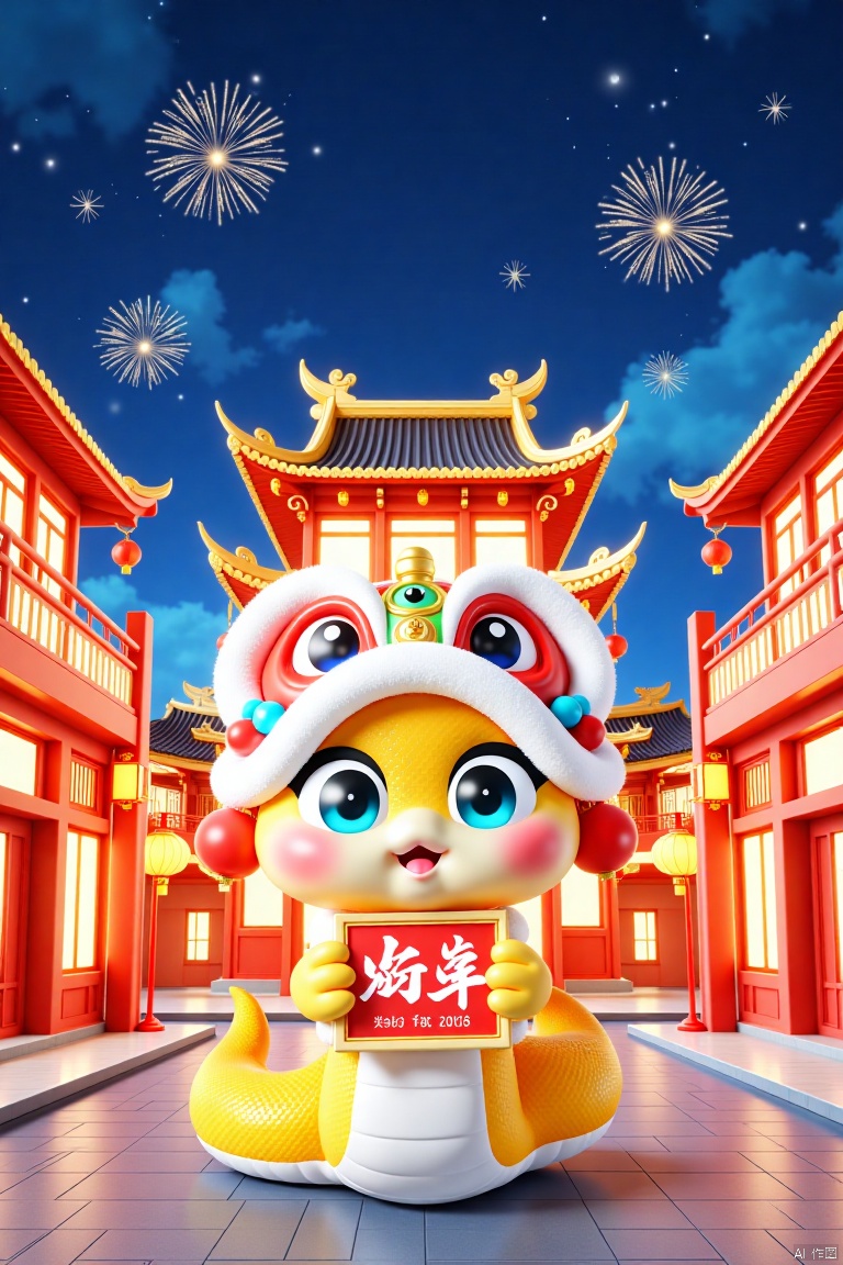 xinniankeai,This vibrant digital illustration depicts a traditional Chinese holiday night, with an adorable, Chinese-style anthropomorphic snake character in the middle of the frame celebrating the Chinese New Year. The character has large, expressive blue eyes, a fluffy white hat with red and blue ornaments, and festive attire against a backdrop of a brightly lit, ornate temple with red lanterns, gold ornaments, and a pagoda-like roof. Fireworks burst in the starry sky, casting a festive glow, and the clean and tidy streets add to the lively atmosphere. The painting is rich in detail and color, capturing the essence of the joyous celebration.