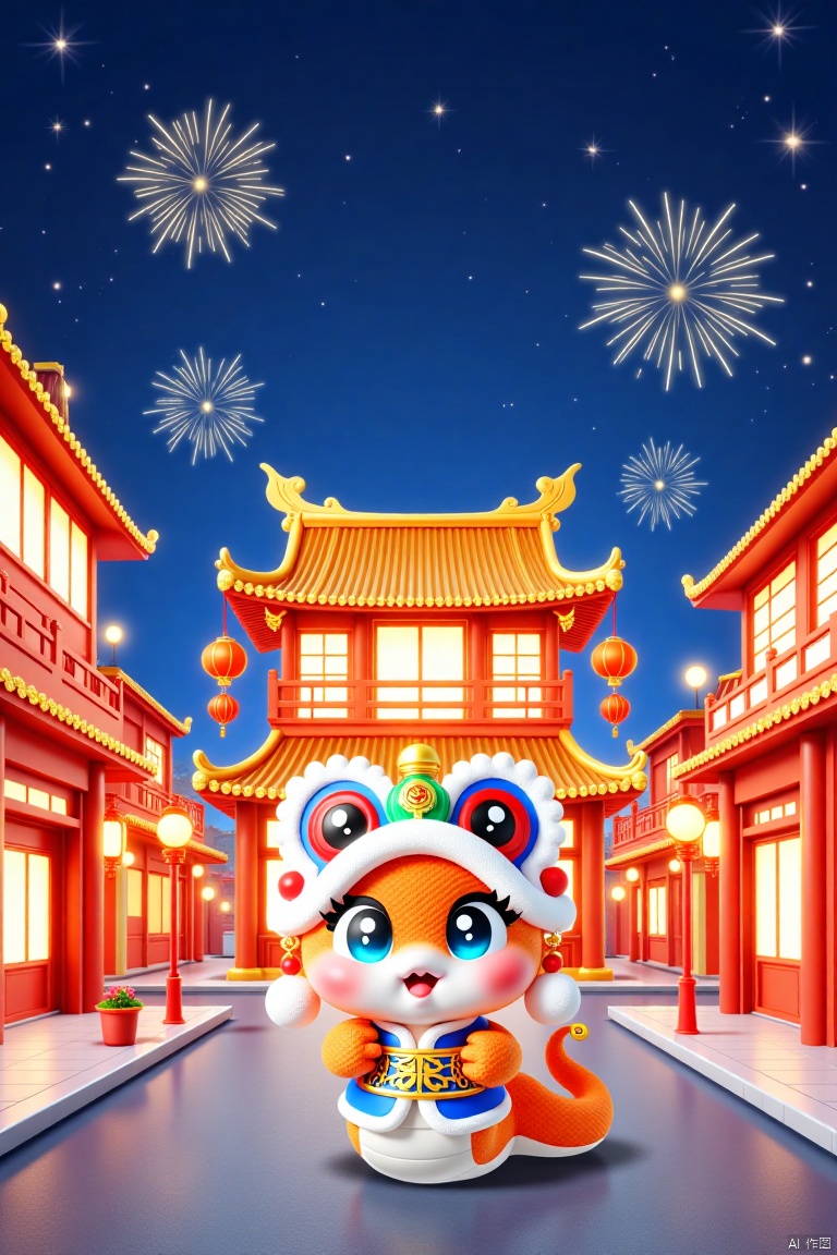 xinniankeai,This vibrant digital illustration depicts a traditional Chinese holiday night, with an adorable, Chinese-style anthropomorphic snake character in the middle of the frame celebrating the Chinese New Year. The character has large, expressive blue eyes, a fluffy white hat with red and blue ornaments, and festive attire against a backdrop of a brightly lit, ornate temple with red lanterns, gold ornaments, and a pagoda-like roof. Fireworks burst in the starry sky, casting a festive glow, and the clean and tidy streets add to the lively atmosphere. The painting is rich in detail and color, capturing the essence of the joyous celebration.