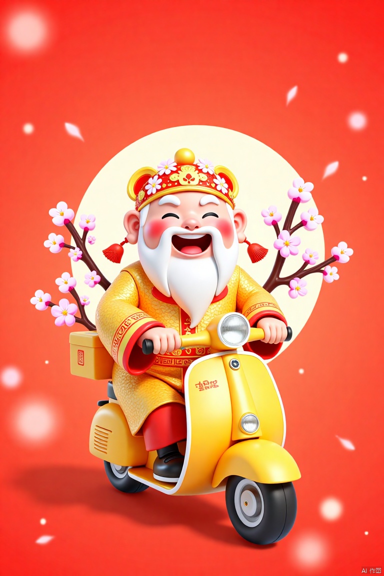 This is a vibrant CGI illustration featuring a joyful, chubby, elderly Asian man with a long white beard and mustache, riding a bright yellow scooter. He wears a traditional golden-yellow and red robe adorned with intricate patterns and a floral headdress. His eyes are closed, smiling widely. Pink cherry blossom branches with white flowers are attached to the scooter. The background is a warm, gradient red with bokeh light effects. The image exudes a festive, celebratory atmosphere, likely inspired by Chinese New Year.