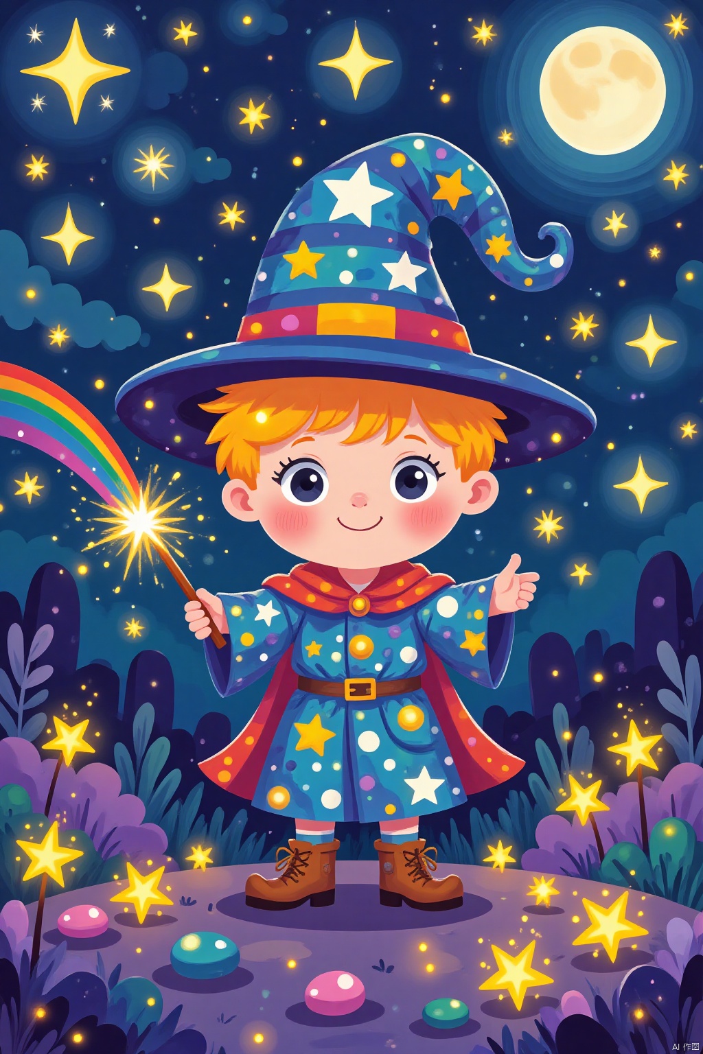 cartoon,vibrant cartoon, A whimsical little wizard with intricate, swirling hat details, holding a glowing magic wand with sparkling stars and glittering rainbow trails, set against a rich, starry nighttime sky with subtle, shimmering moonlight.