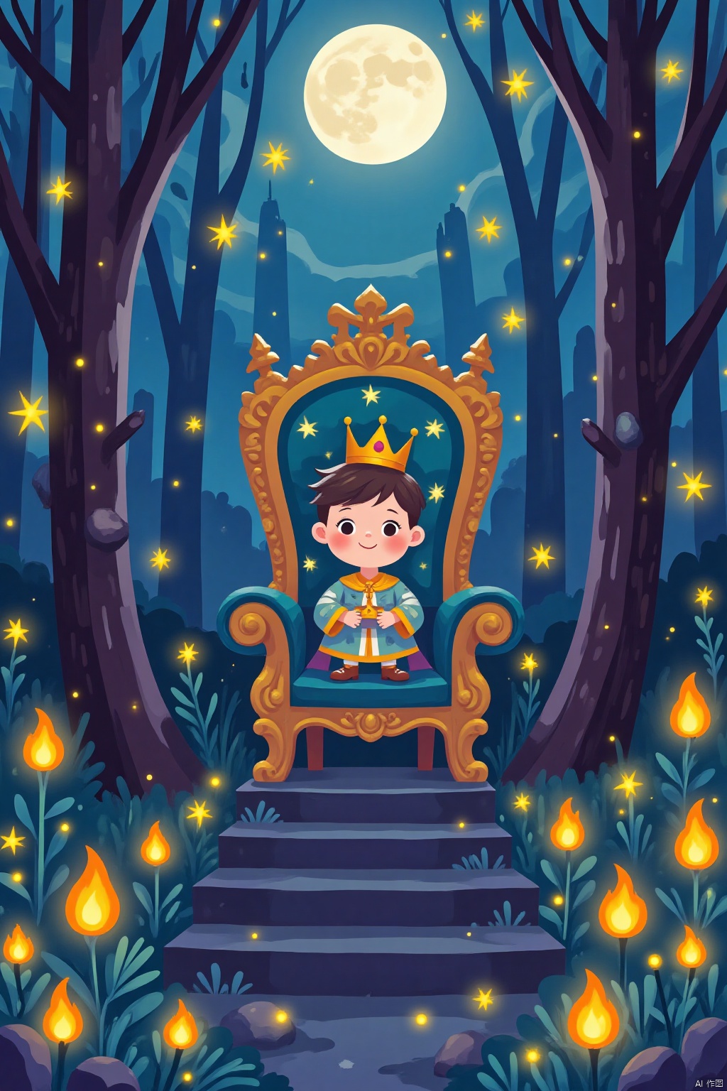 Cute boy, crown, throne, emperor, staircase, withered tree, moon, darkness, scepter