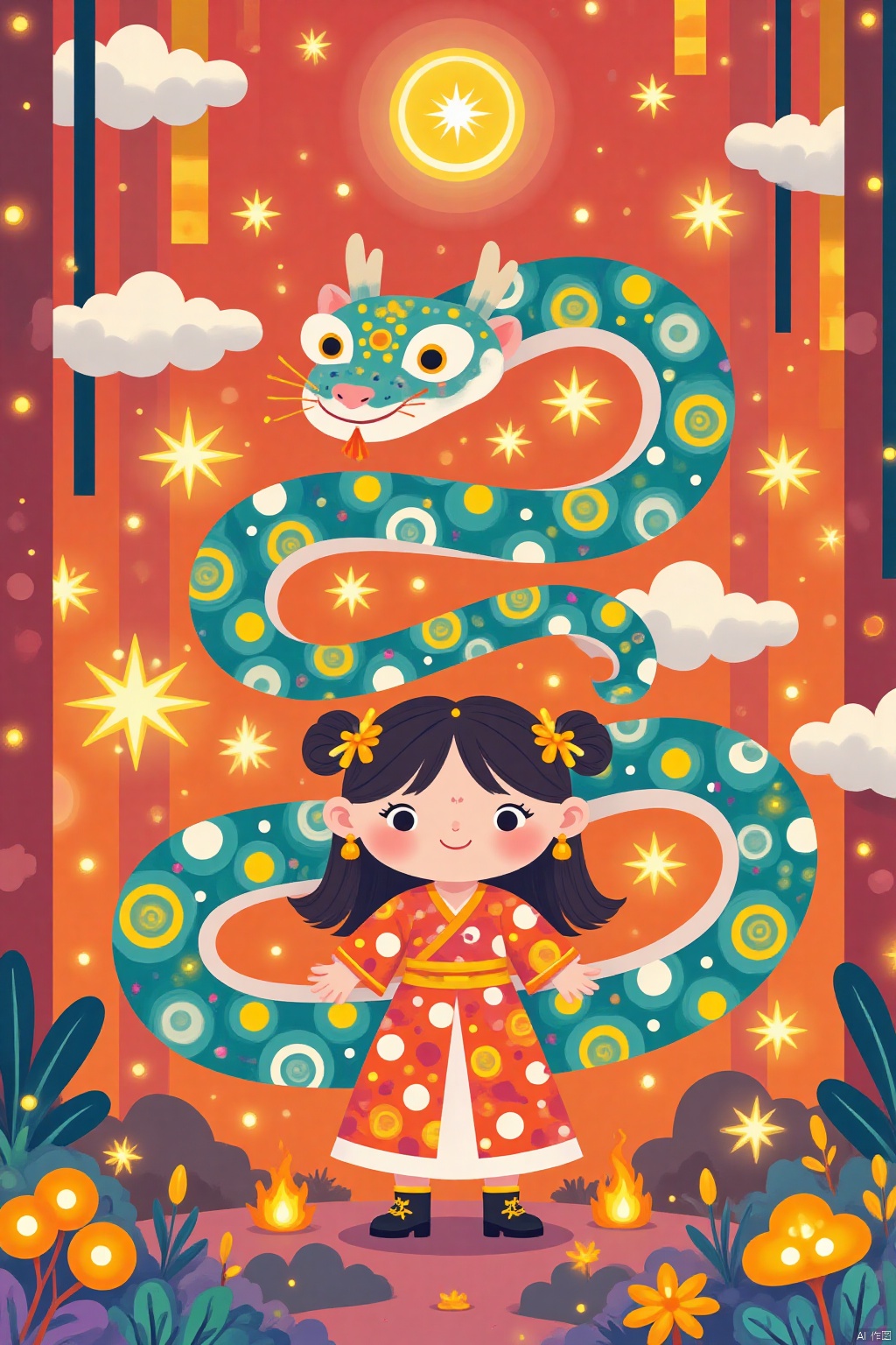 The snake bends into the numbers "2025," girl,creating a Chinese New Year atmosphere. This illustration adopts a flat and colorful style with geometric patterns. the lines and shapesare eye-catching,the color matching is full of vitality,the cartoon image incorporates traditional artistic elements,and the expression is liveIy,red,