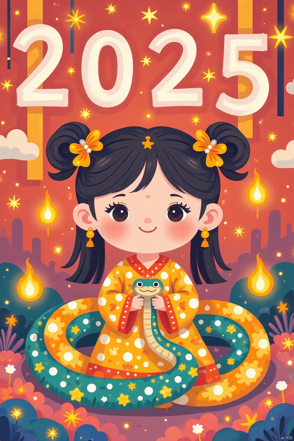 The snake bends into the numbers "2025," girl,creating a Chinese New Year atmosphere. This illustration adopts a flat and colorful style with geometric patterns. the lines and shapesare eye-catching,the color matching is full of vitality,the cartoon image incorporates traditional artistic elements,and the expression is liveIy,red,