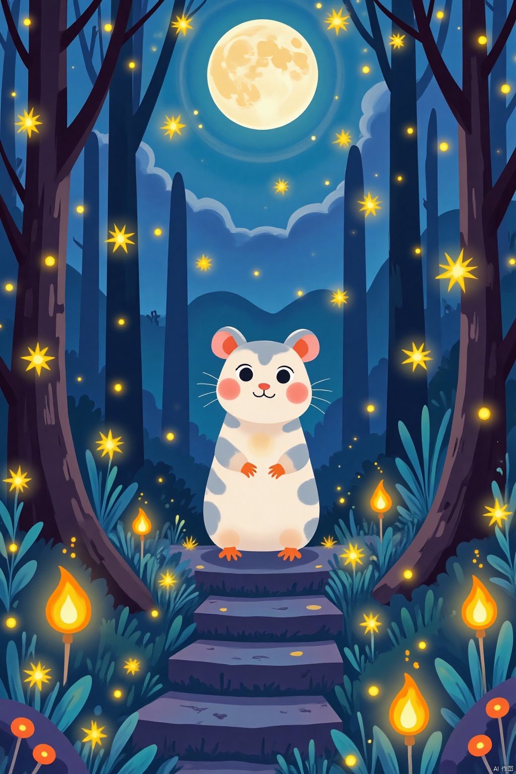 A whimsical illustration of a lovable hamster amidst an enchanting night scene. Surrounded by towering trees, twinkling fireflies, winding staircases, and a radiant full moon, the hamster exudes soft, ethereal glow. Framed within a dreamy atmosphere, the furry protagonist's paws dangle precariously as it gazes upwards, lost in thought beneath the celestial canopy.