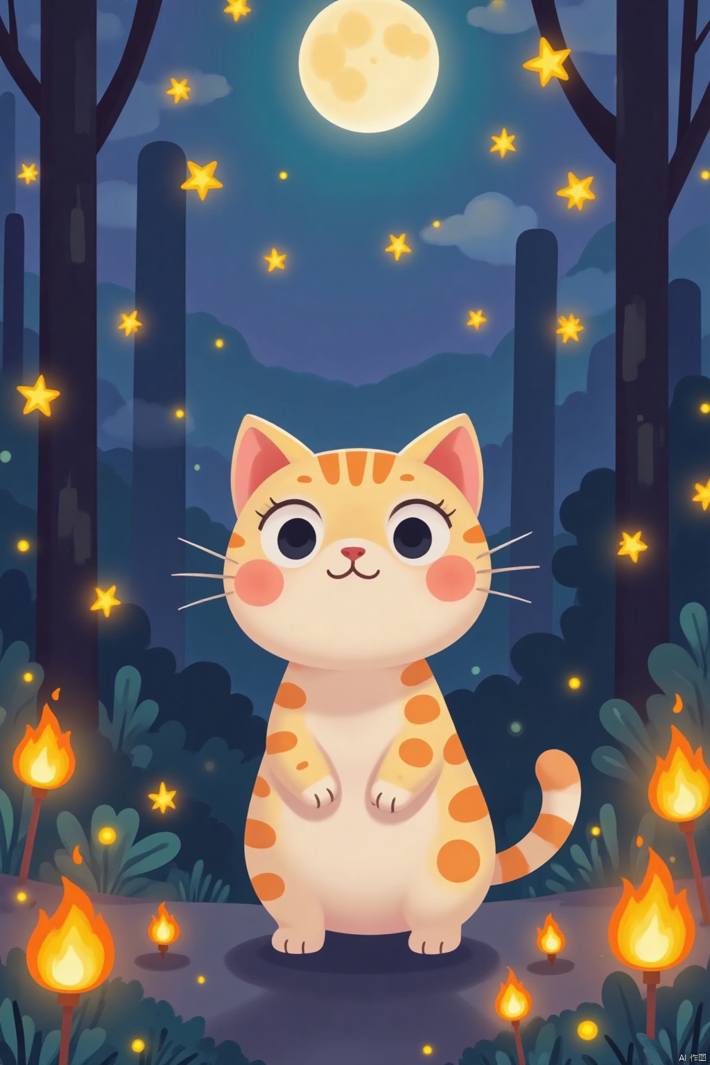 Cute little cat, alone, looking at the audience, smiling, standing, tail, whole body, blurry, black eyes, moon, mooncake, no one, fire, claws,No watermark