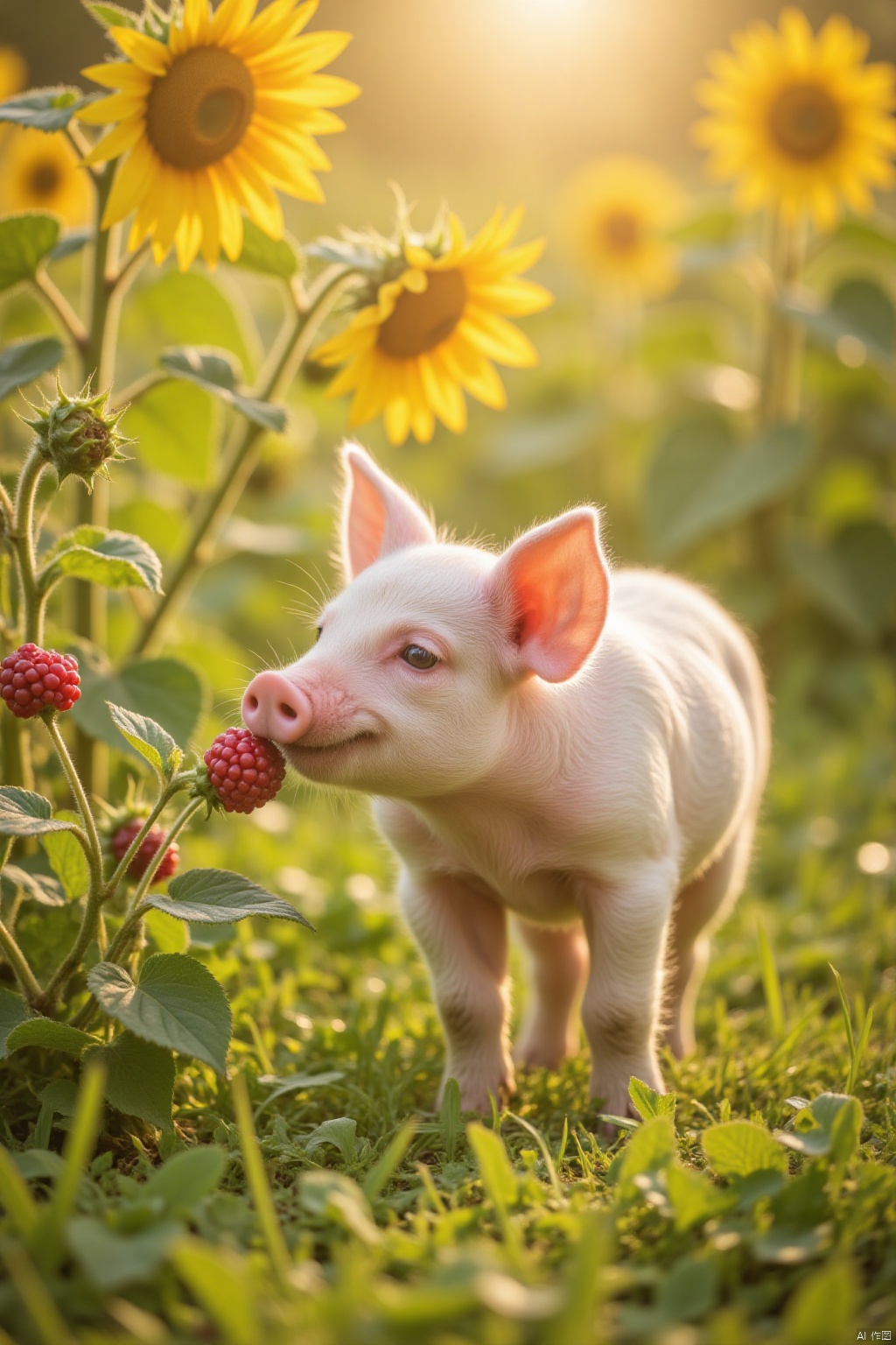 A curious piglet snout-noses a succulent berry bush in a lush green meadow, framed by tall sunflowers and a warm yellow sunlight casting long shadows. The pig's soft fur glistens with dew, its little ears perked up in excitement.