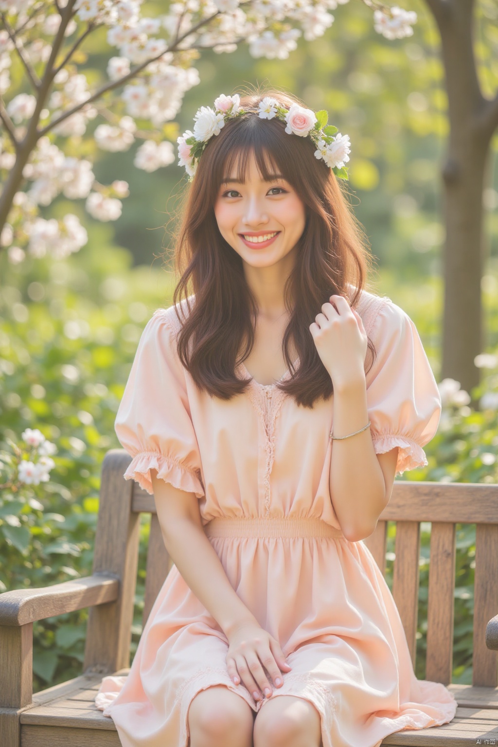 A charming Asian woman posing with a playful smile, wearing a delicate flower crown and a bright, cheerful outfit. She sits elegantly on a rustic wooden bench amidst lush greenery, surrounded by blooming flowers and soft sunlight casting warm shadows.