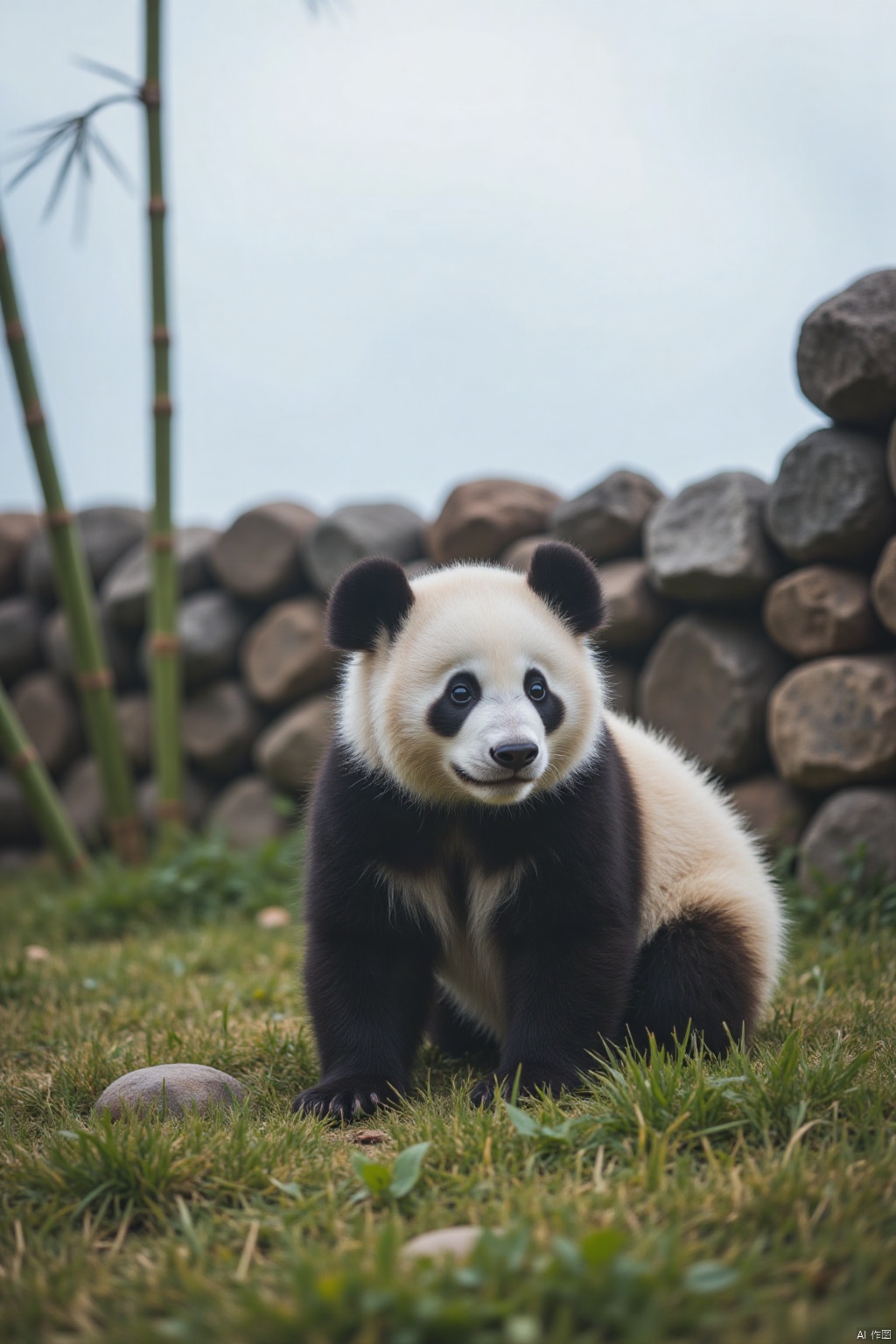 On a cloudy day, a giant panda crouched on a grassy hillside, level with its eyes. The panda faces the left side of the screen and turns its head slightly to the right. Its corners protrude from the head, adding a touch of texture to the scene. Behind the panda cub, you can see the distant rock wall and tall bamboo. The sky is light blue and no clouds can be seen. Blurred background, Tyndall effect