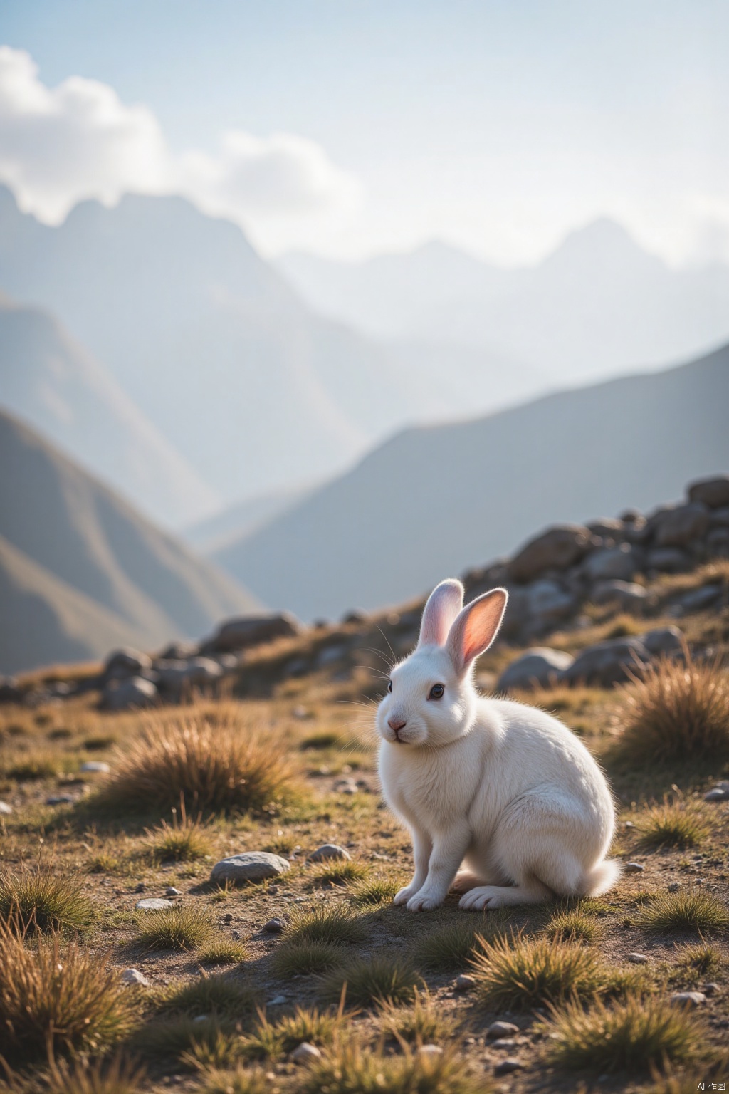 A majestic Tibetan Rabbit perched on a windswept plateau, against a backdrop of towering Himalayan mountains and wispy clouds. Soft golden light casts long shadows across the rugged terrain, as the rabbit's gentle gaze meets the camera, its fluffy fur ruffled by the crisp mountain air.