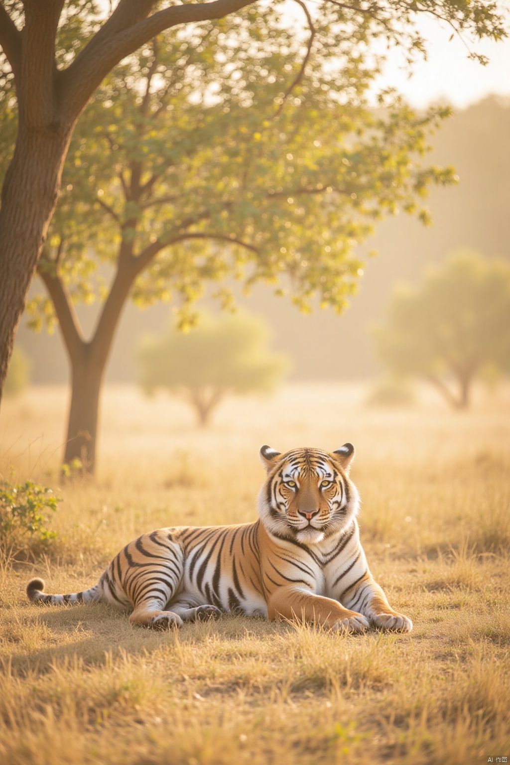 A majestic tiger (老虎) lies sprawled across a sun-drenched savannah, its tawny coat glistening in warm afternoon light. Framed by a cluster of acacia trees, the big cat's piercing gaze seems to pierce through the haze, as it lazily blinks and stretches out its powerful limbs.