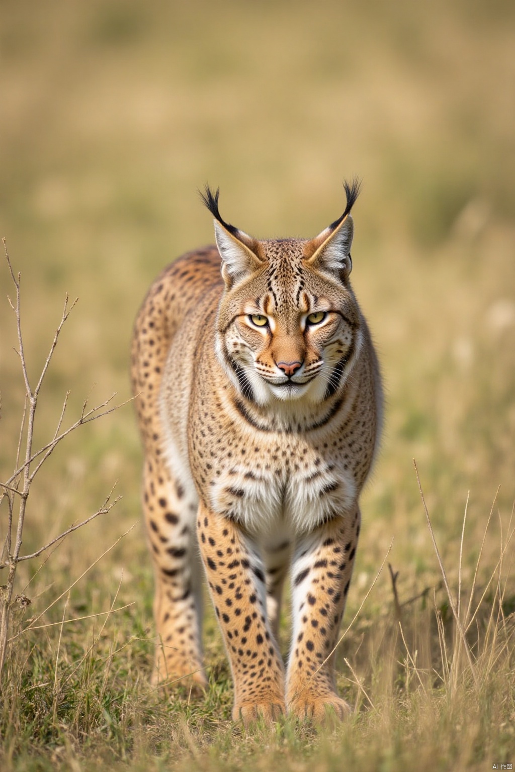 On a sunny day, a lynx stood on a high grassland. The fur of a lynx is a mixture of brown and black spots, and its eyes are a glaring yellow. The background of the lynx is blurry, the grass is a mixture of green and brown, and there are some small branches in the background.