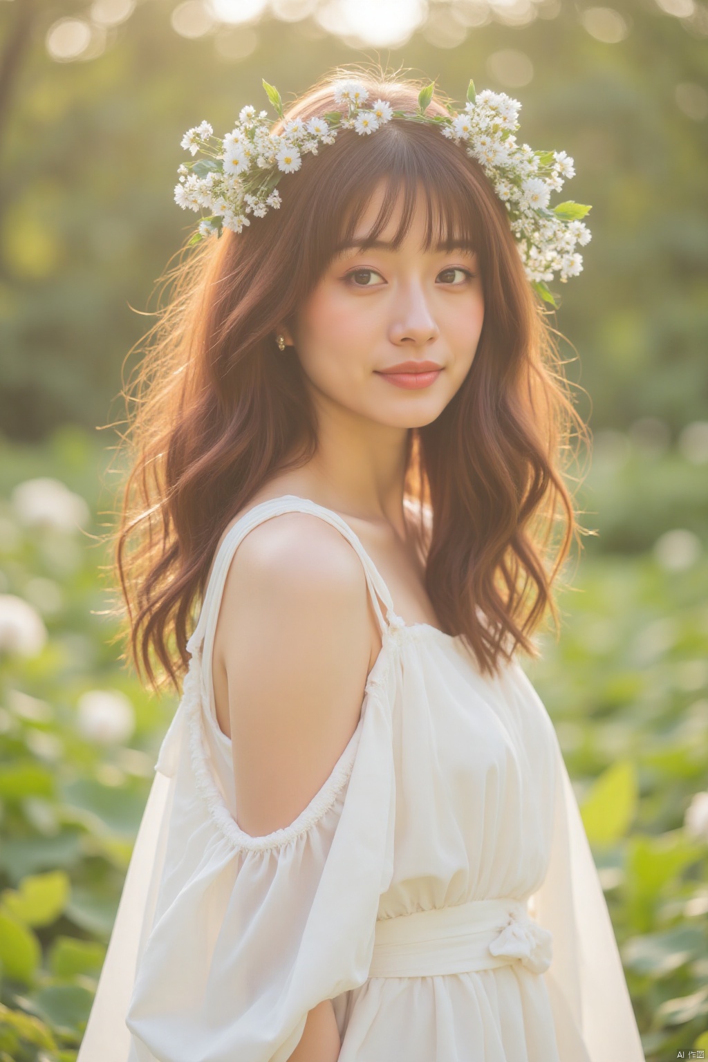 A stunning beauty poses in a lush garden setting, adorned with a fragrant floral wreath and wearing a pure white flowing gown that drapes elegantly around her curves. The soft sunlight casts a warm glow on her porcelain skin, highlighting the delicate features of her face as she gazes serenely into the distance.