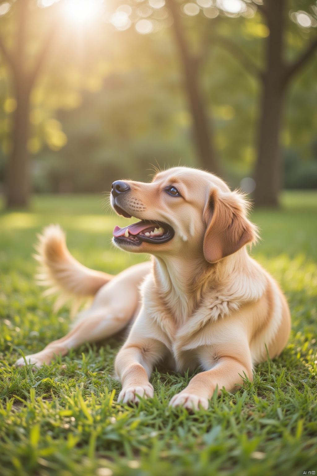 A playful dog lying on a green grassy field with a few trees in the background, sunlight casting a warm glow on its fur, tail wagging slightly as it gazes up at something off-camera with an expression of curiosity and excitement.