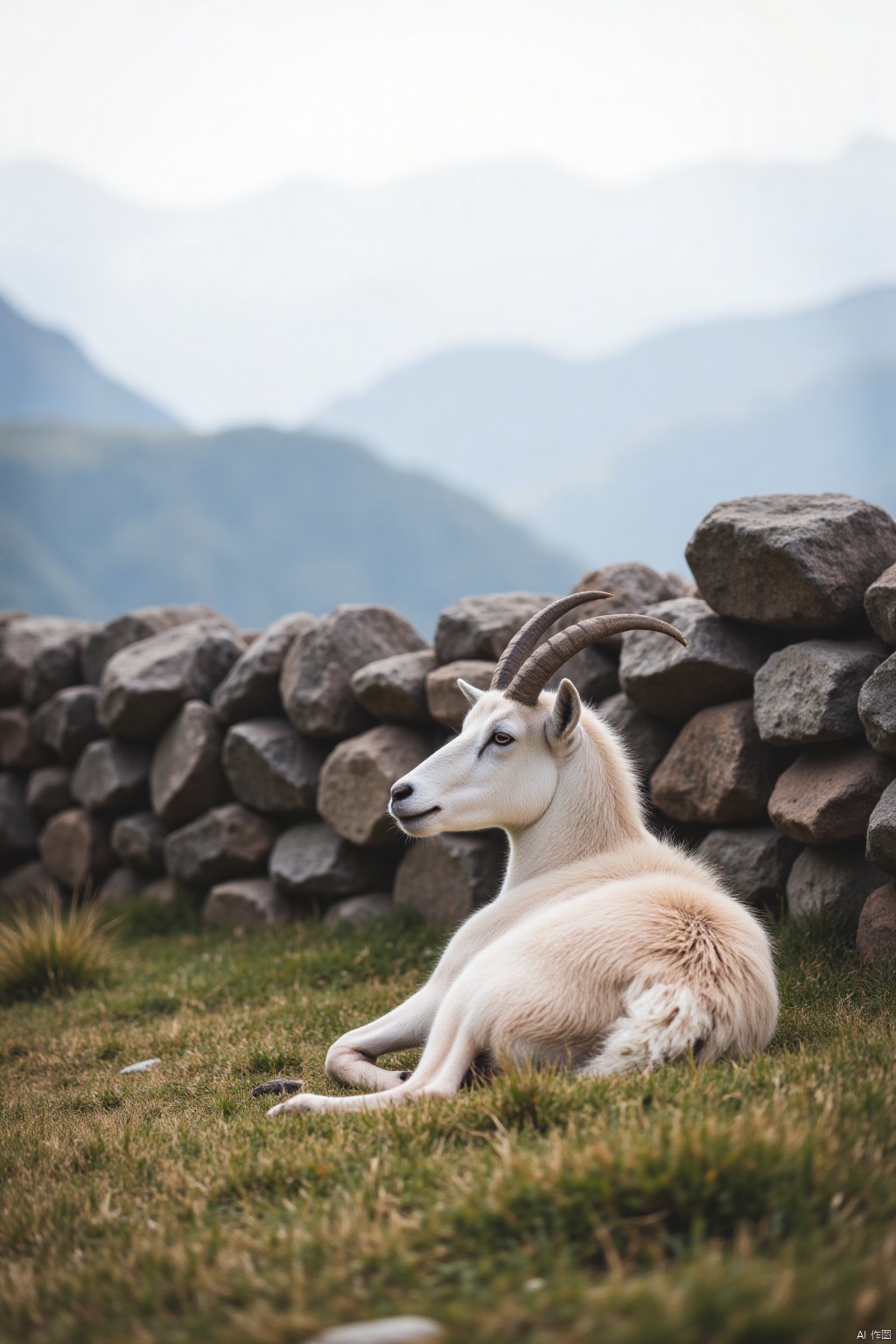 Captured at eye-level on a cloudy day, a mountain goat is sitting on a grassy hillside. The goat is facing the left side of the frame, its head turned slightly to the right. Its horns are protruding from its head, adding a touch of texture to the scene. Behind the goat, a rock wall is visible, with a mountain range in the distance. The sky is a pale blue, with no clouds visible.