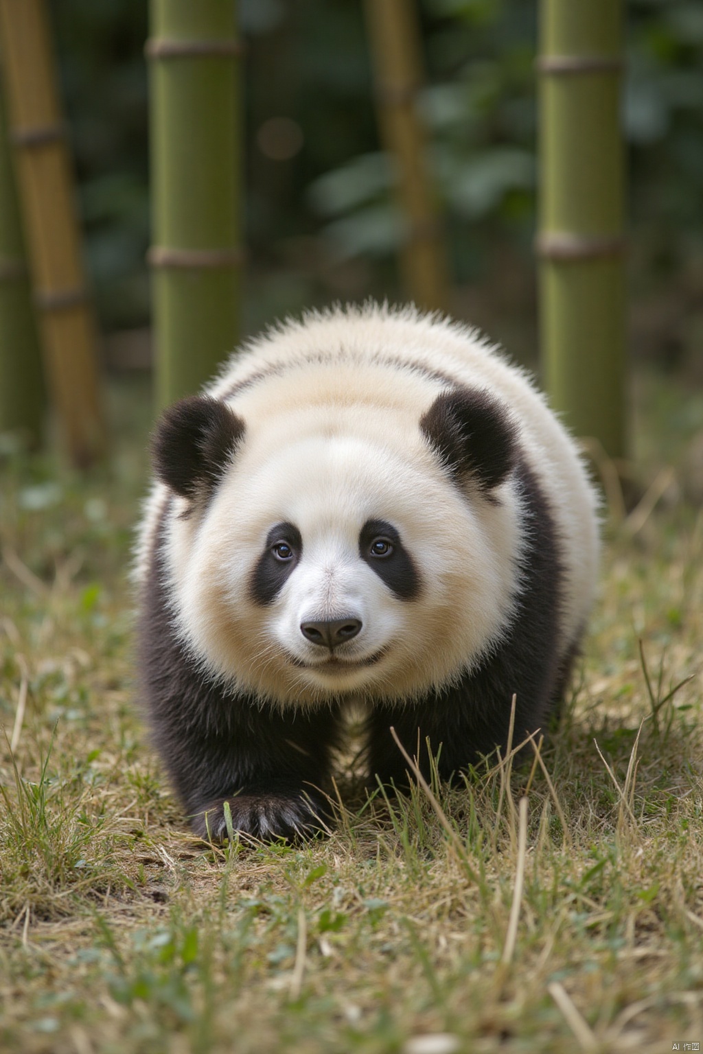 On a sunny day, a panda stood on a high grassland. Pandas have clear fur and their eyes are glaring black. The background is blurry, the grass is a mixture of green and brown, and there are some tall bamboo trees in the background