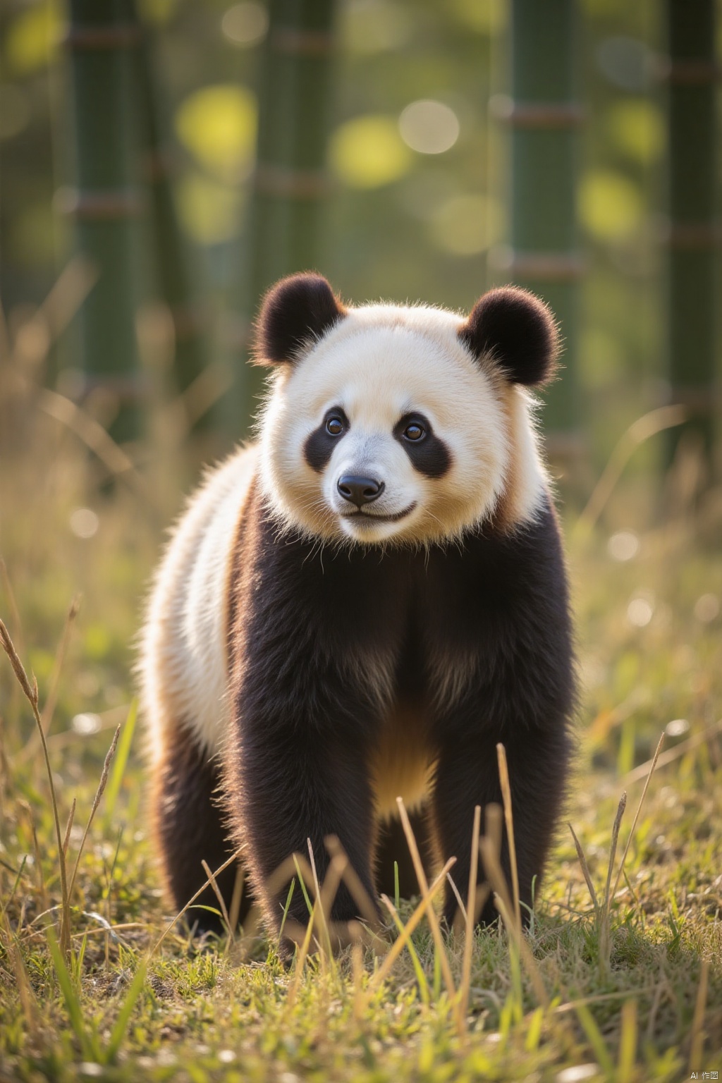 On a sunny day, a panda stood on a high grassland. Pandas have clear fur and their eyes are glaring black. The background is blurry, the grass is a mixture of green and brown, and there are some tall bamboo trees in the background
