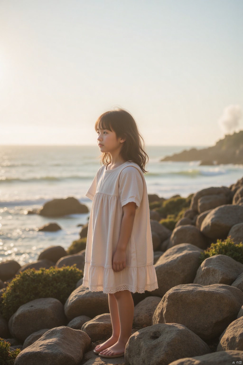 A young girl stands alone on a rocky coastline, her gaze fixed on the distant horizon where the sea meets the sky. The warm sunlight casts a golden glow on her features as she waits patiently for something or someone. The air is filled with the sweet scent of saltwater and seaweed. In the distance, a faint mist rises from the ocean, creating a sense of depth and mystery.