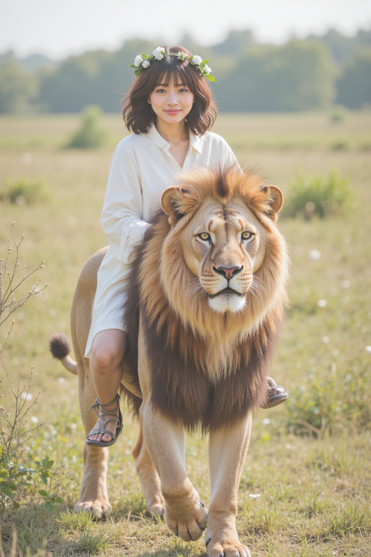 On a sunny day, an Asian woman was riding a male lion and standing on a high grassy field. The woman is wearing a white short skirt with a wreath on her head. The lion's fur is soft and its eyes are dazzling yellow. The background is blurry, the grass is a mixture of green and brown, and there are some small branches in the background.