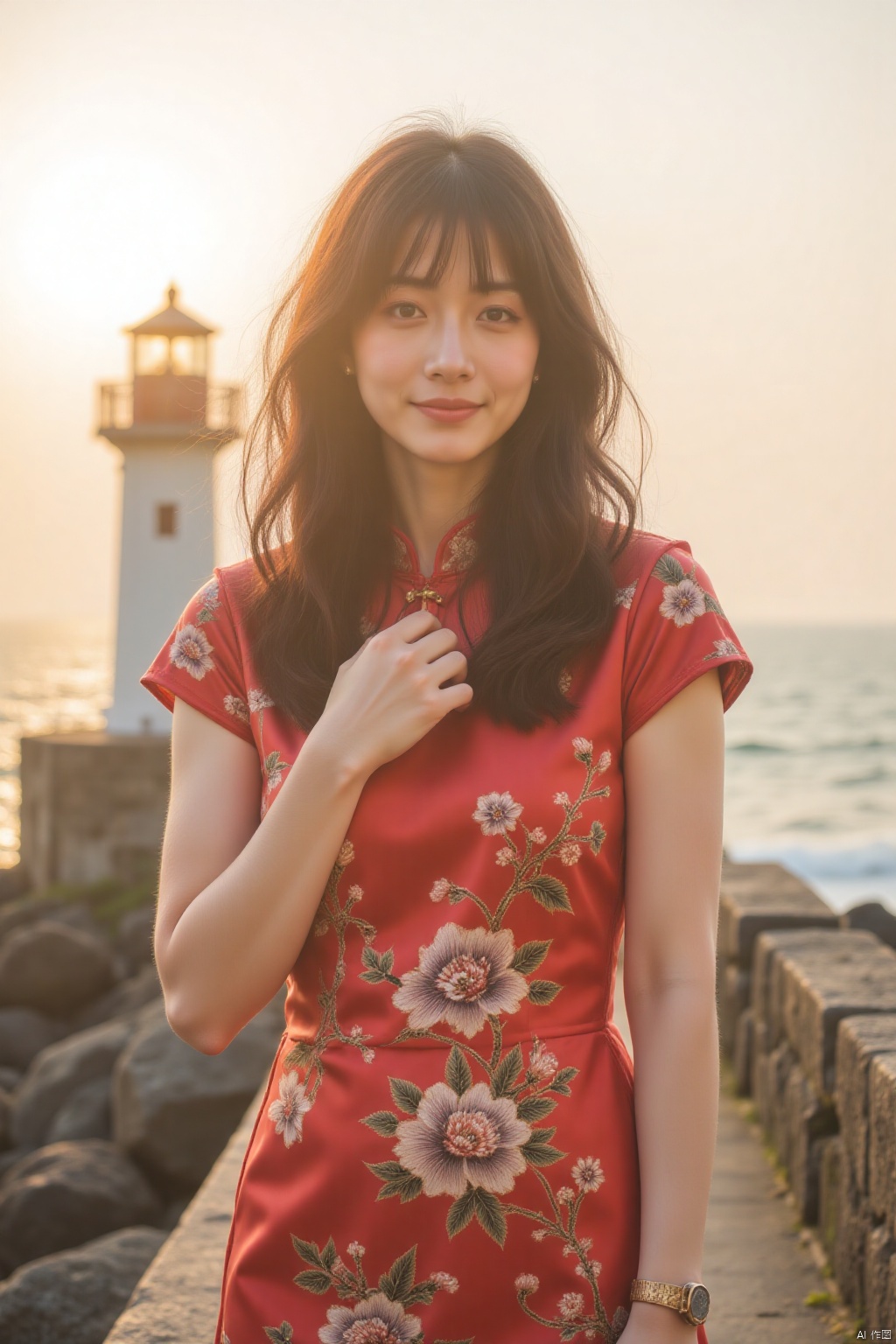 A serene Asian woman stands tall in front of a majestic lighthouse, her dark hair blowing gently in the sea breeze. The warm golden light of sunset casts long shadows behind her, accentuating her slender figure. She wears a traditional cheongsam dress with intricate embroidery, its vibrant colors pop against the calm, oceanic backdrop.